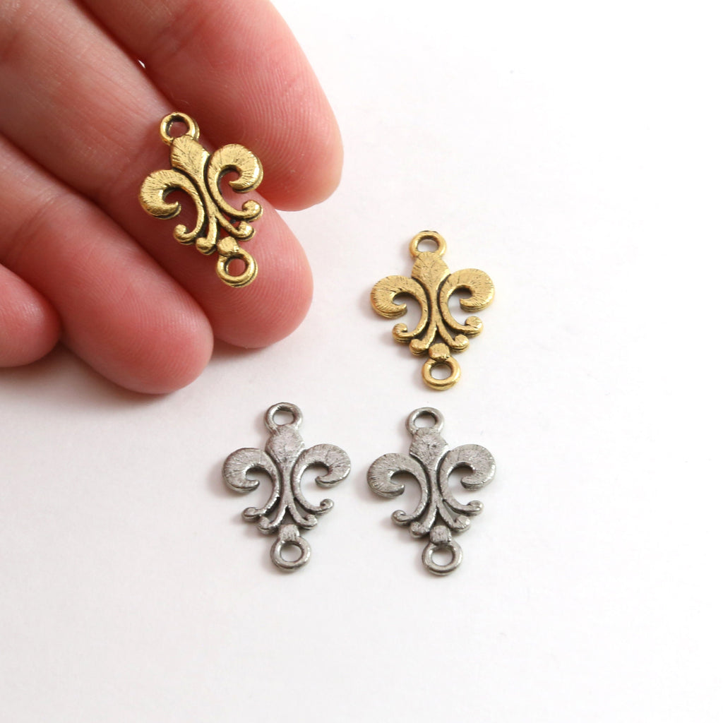 Pewter Simple Flat Fleur De Lis 2 Loop Connector Charm (2pc)