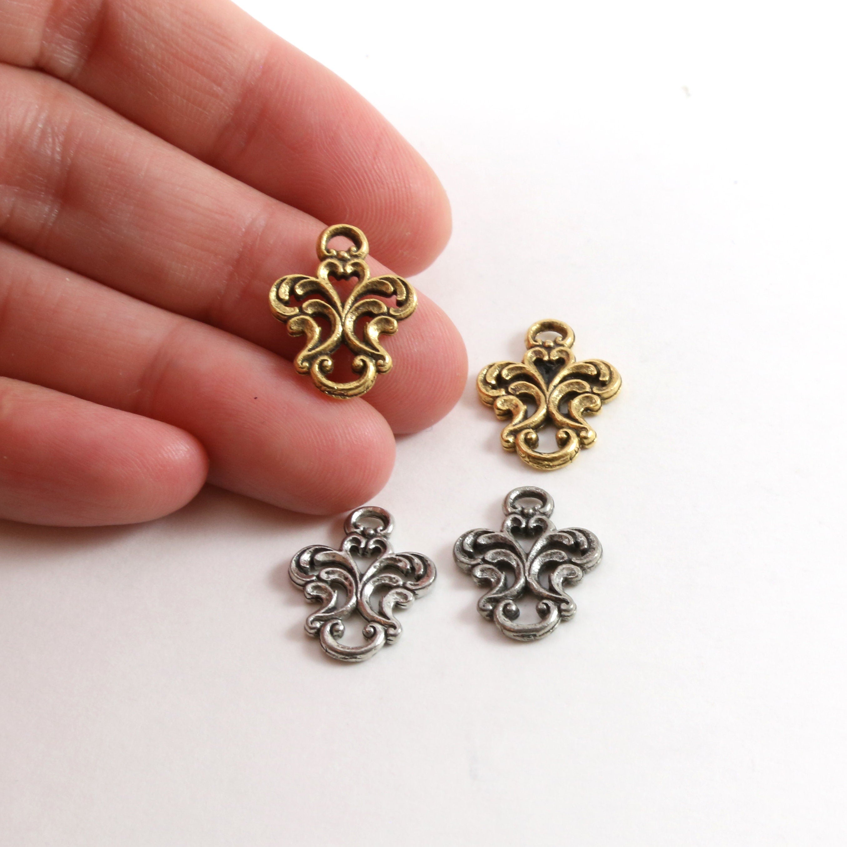 16mmx13mm Pewter Fancy Fleur De Lis 2 Loop Connector Charm Necklace (2pc)