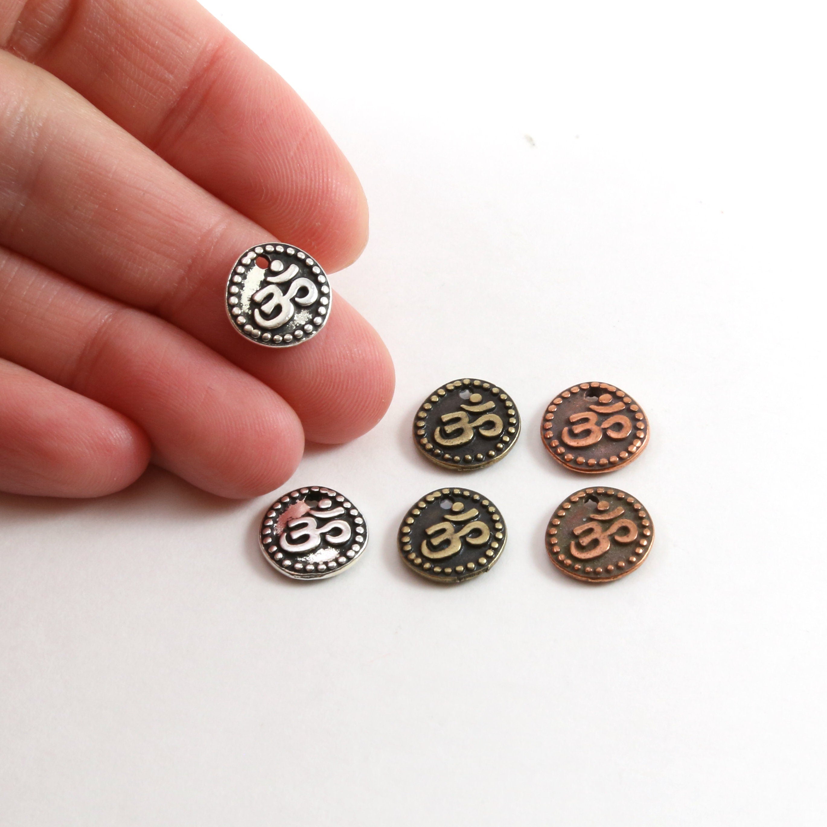 10mm Pewter Om Ohm Symbol Coin with Dotted Edges Charm Pendant (2pc)