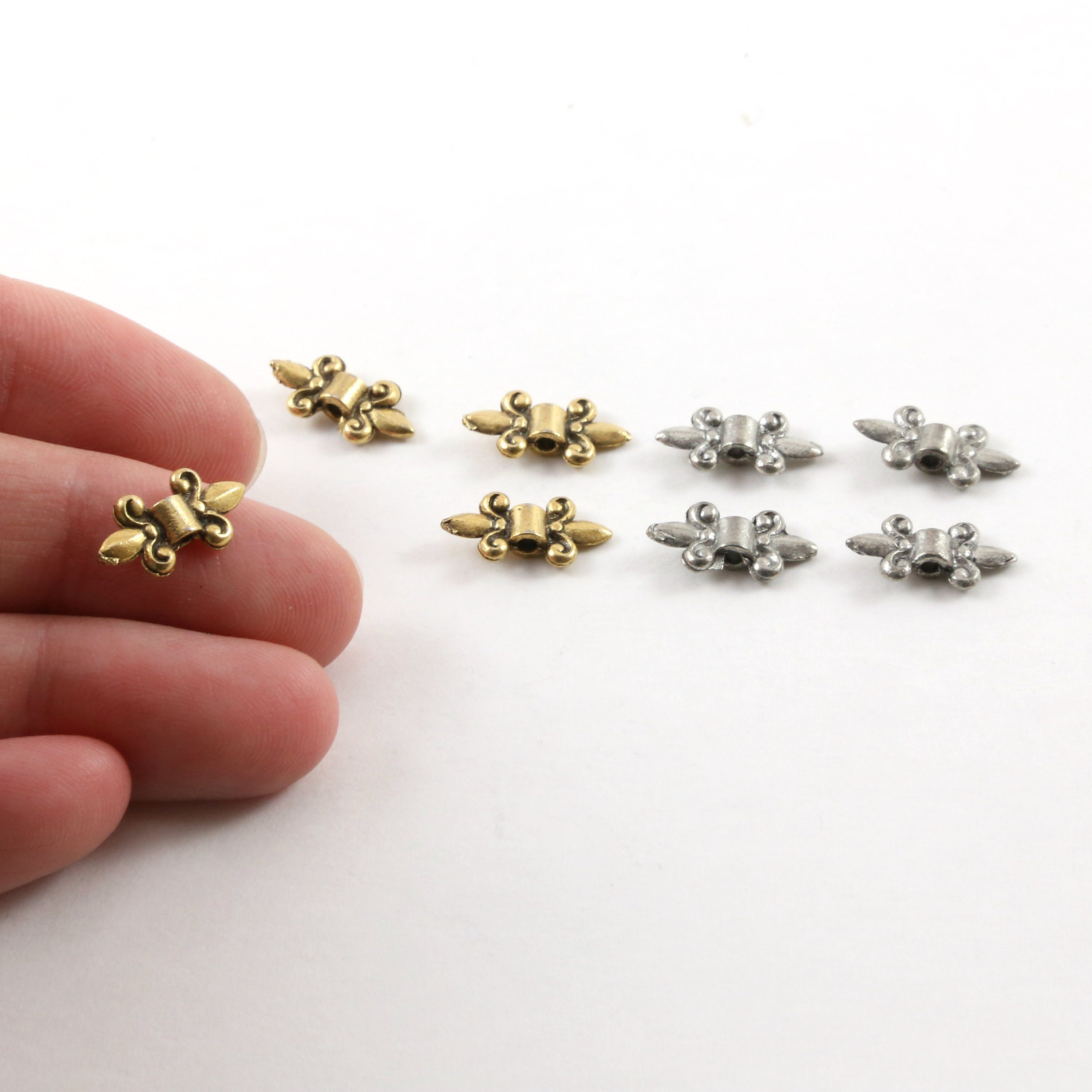 Pewter Fleur De Lis Spacer Bead Fancy Accent Charm in Antique (4pc)