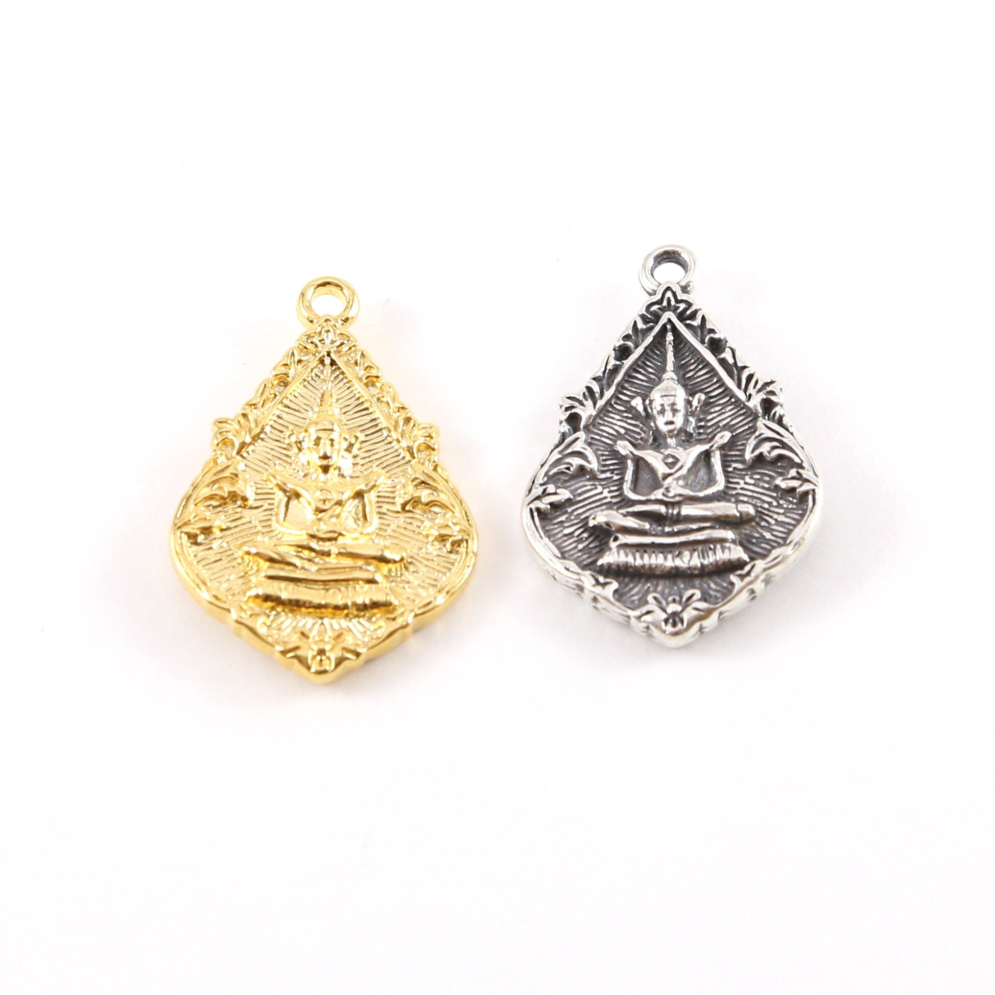 Sterling Silver or Vermeil Double Sided Buddha Pointed Teardrop Detailed Yoga