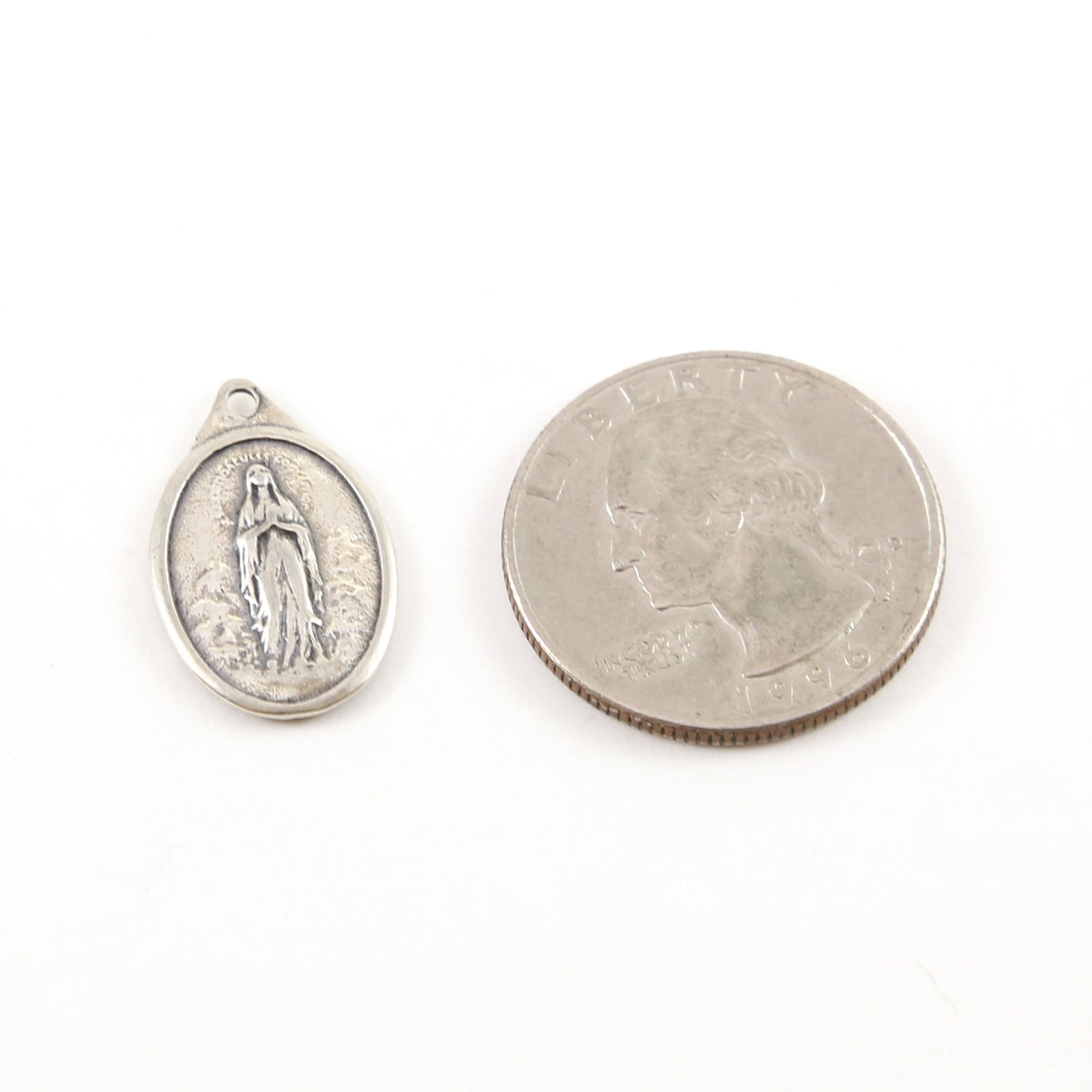 Sterling Silver Our Lady of Lourdes Oval Medallion Charm Vintage
