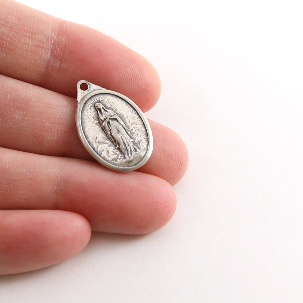 Sterling Silver Our Lady of Lourdes Oval Medallion Charm Vintage