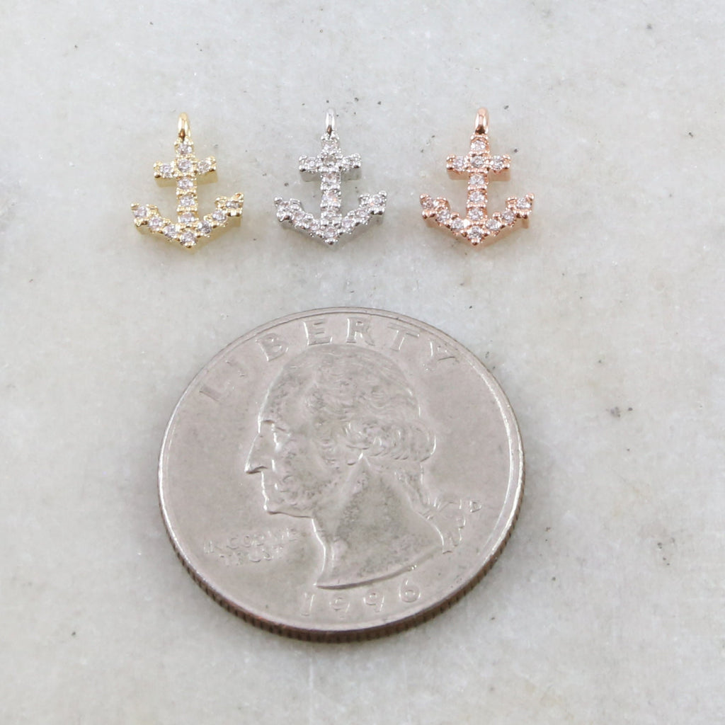 10mmx8mm Brass Dainty Tiny CZ Pave Anchor Charm in Gold Silver Rose