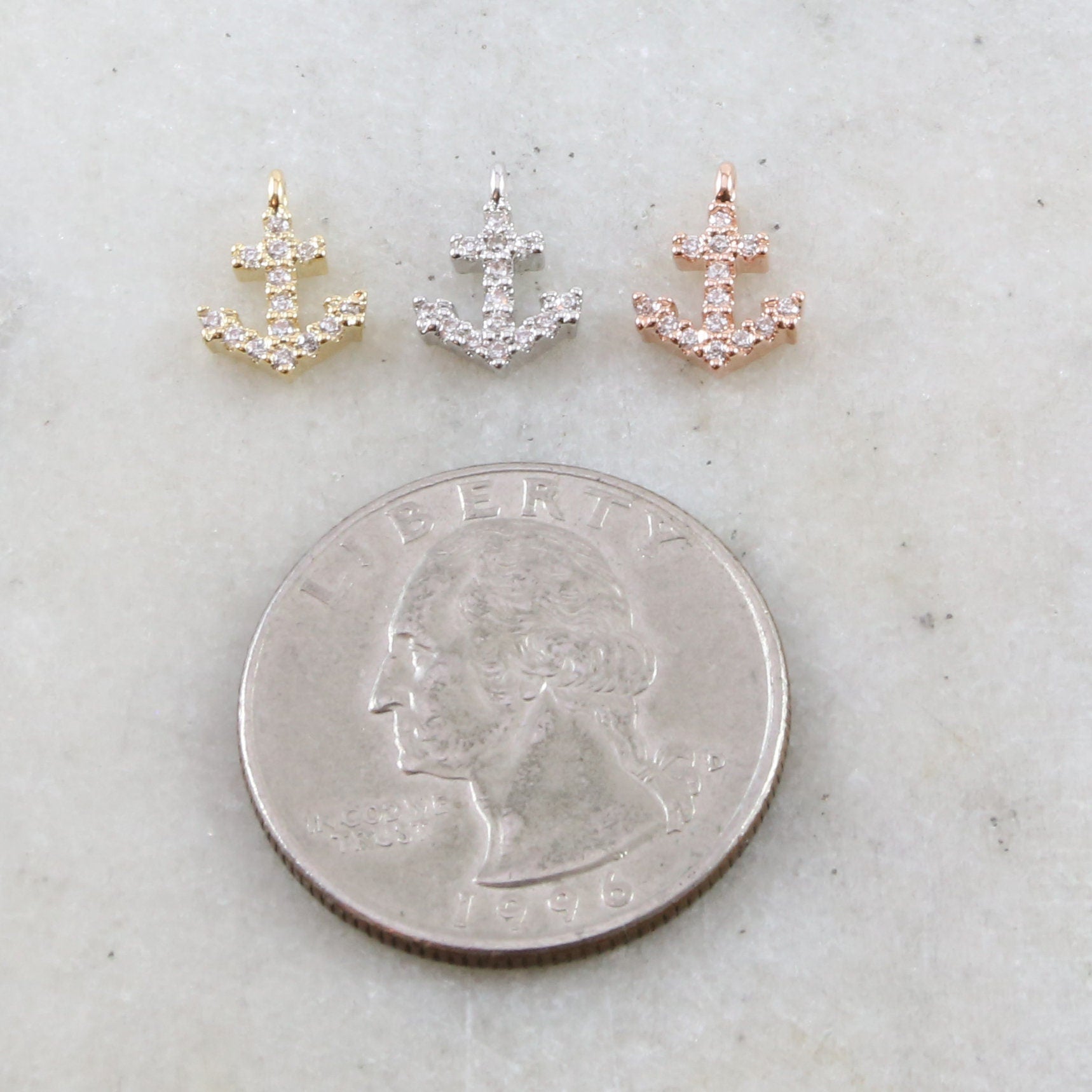 10mmx8mm Brass Dainty Tiny CZ Pave Anchor Charm in Gold Silver Rose