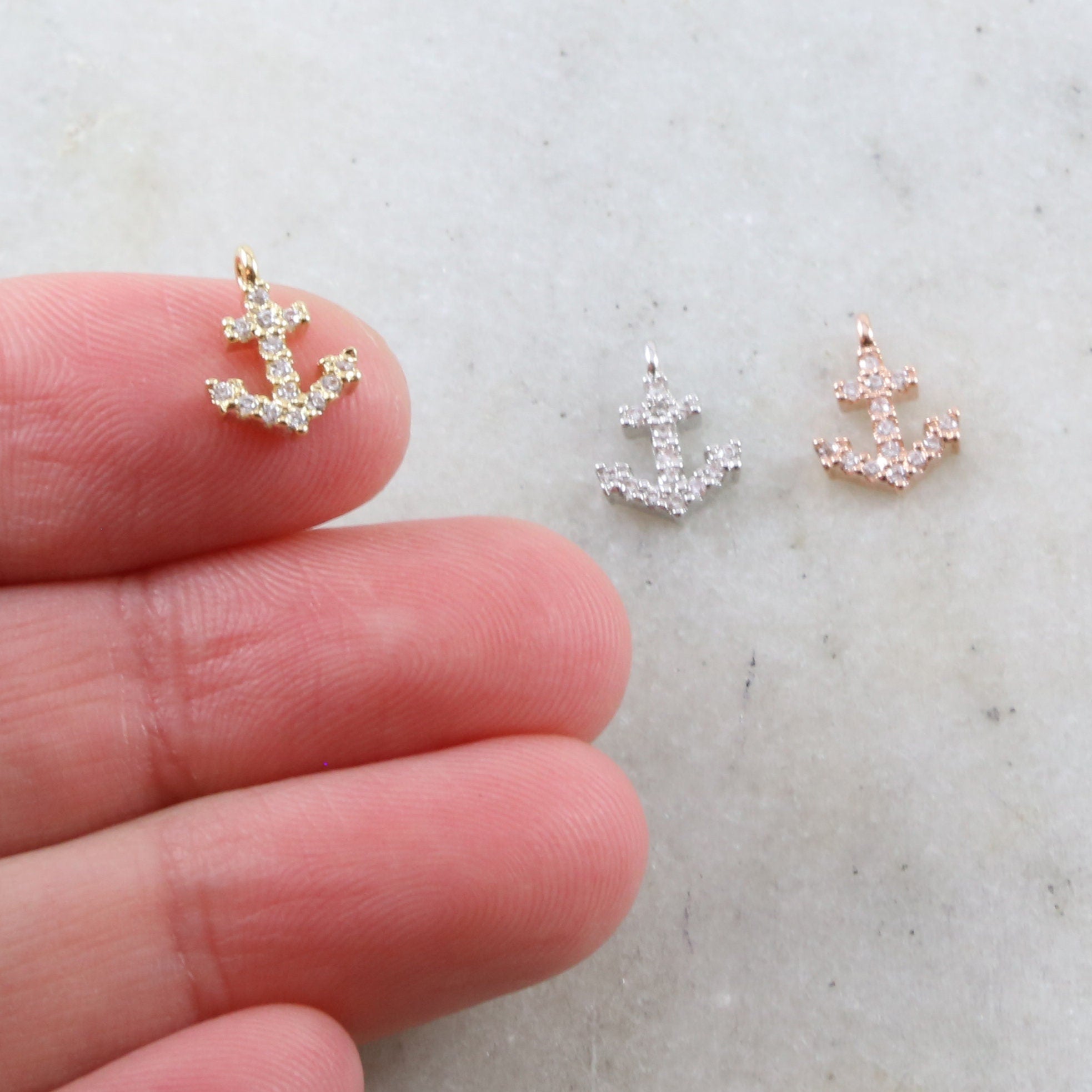 10mmx8mm Brass Dainty Tiny CZ Pave Anchor Charm in Gold Silver Rose