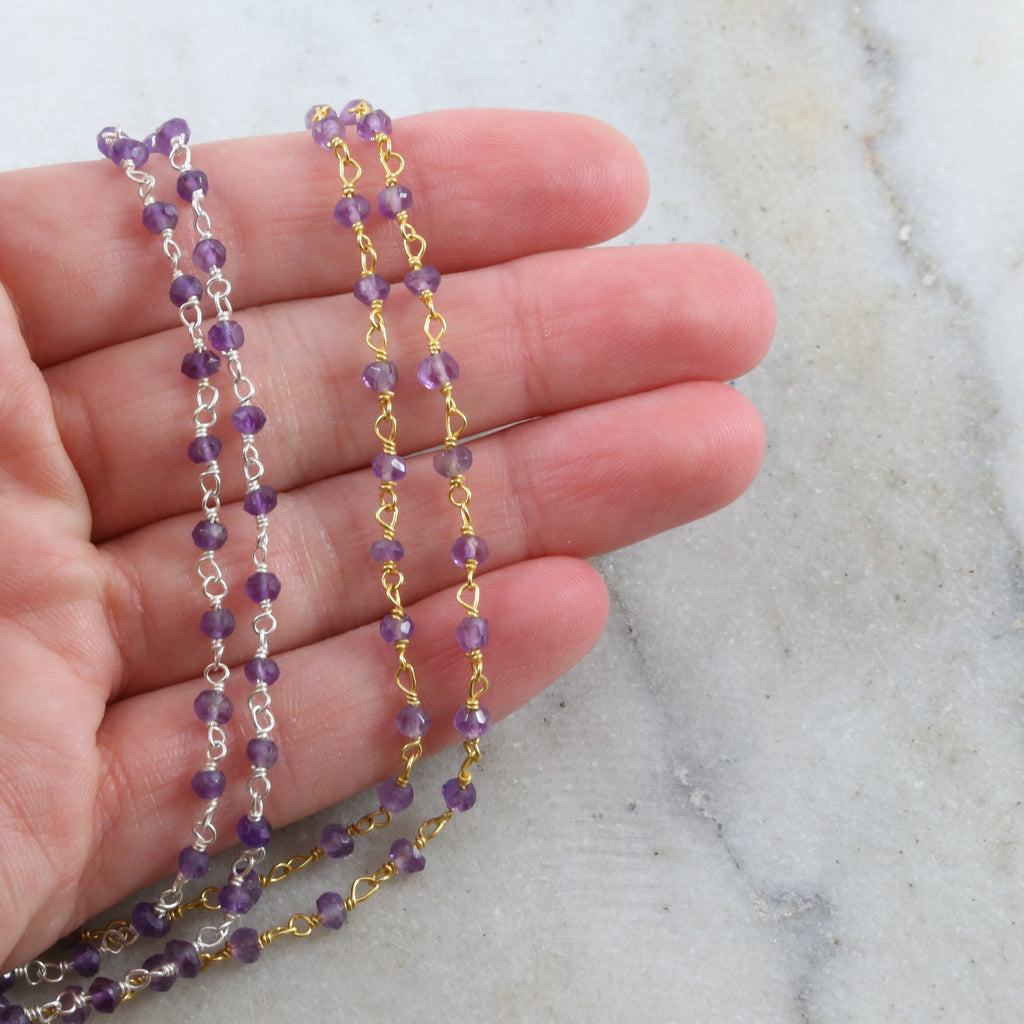 Sterling Silver or Vermeil Dainty Amethyst Purple Gemstone – Sold by the Foot