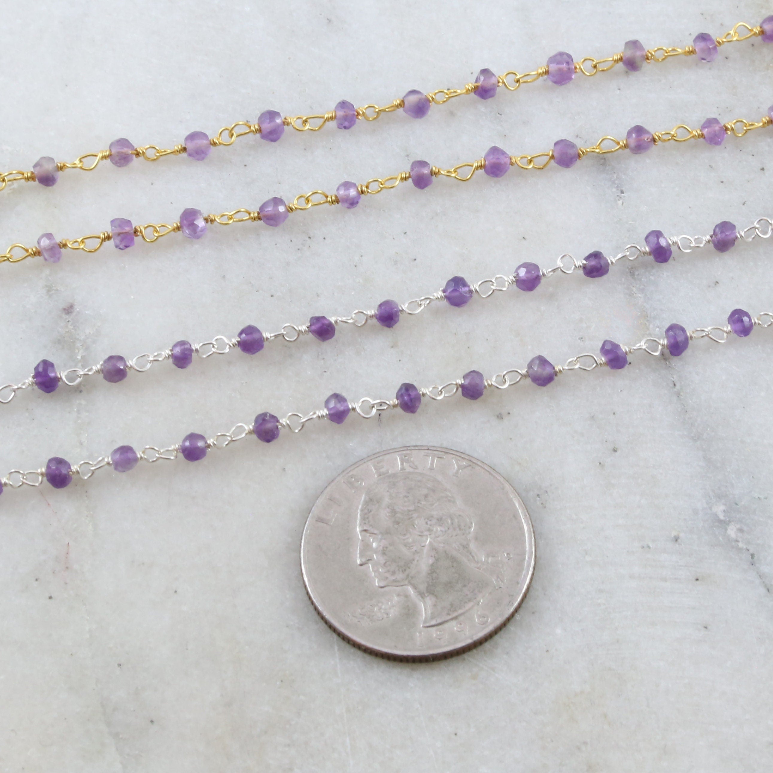 Sterling Silver or Vermeil Dainty Amethyst Purple Gemstone – Sold by the Foot