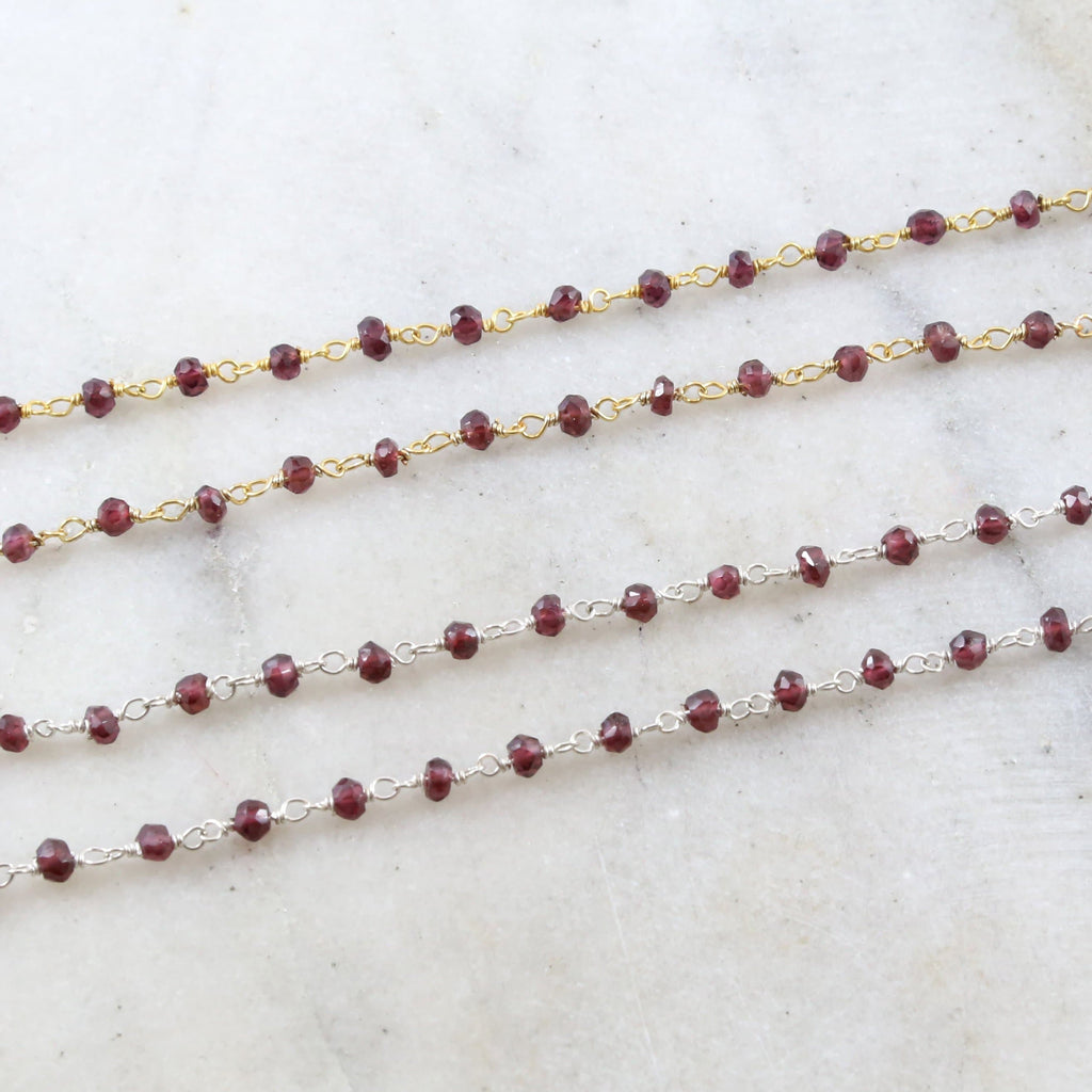 Sterling Silver or Vermeil Dainty Garnet Gemstone Rosary – Sold by the Foot