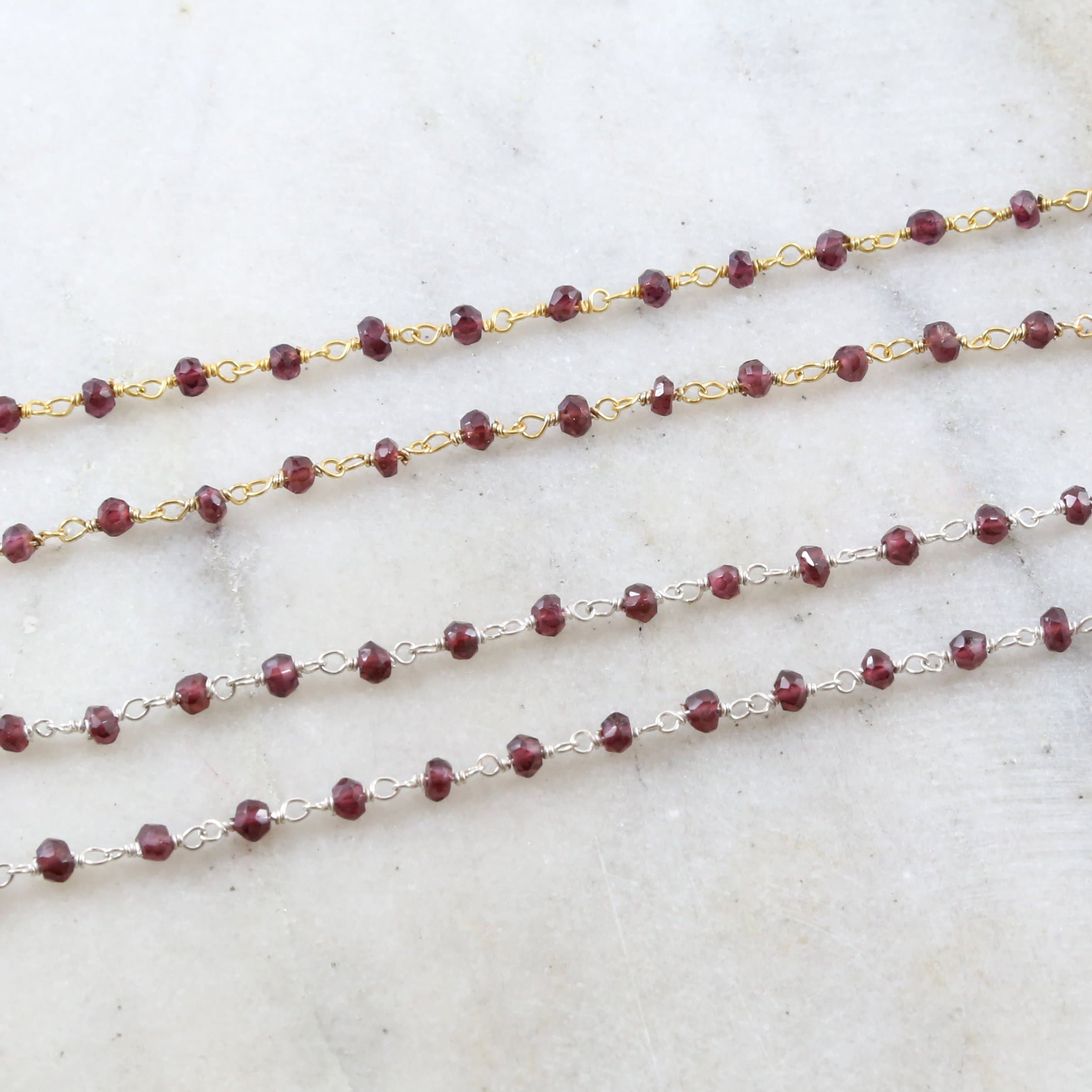 Sterling Silver or Vermeil Dainty Garnet Gemstone Rosary – Sold by the Foot