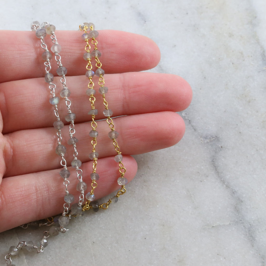 Sterling Silver or Vermeil Dainty Labradorite Gemstone – Sold by the Foot