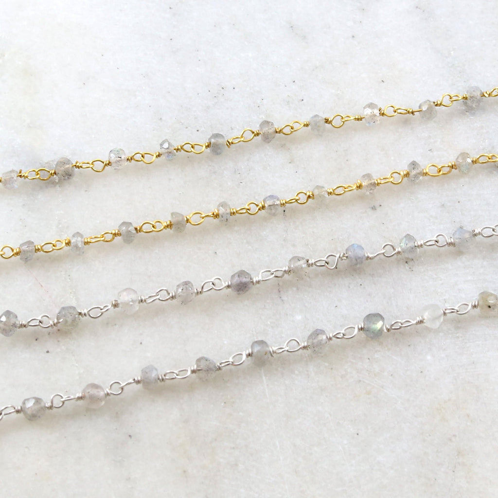 Sterling Silver or Vermeil Dainty Labradorite Gemstone – Sold by the Foot