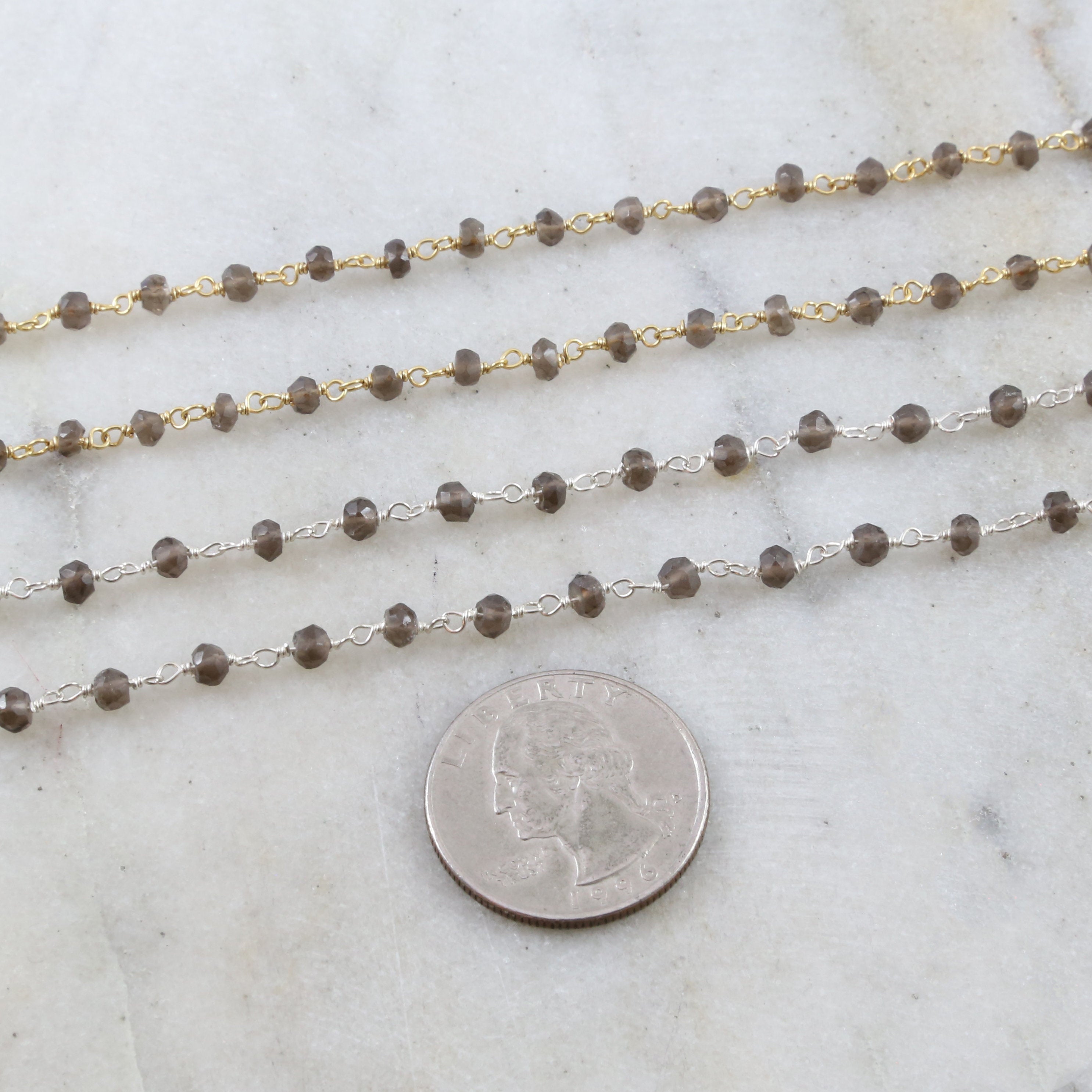 Sterling Silver or Vermeil Dainty Smokey Quartz Rosary – Sold by the Foot