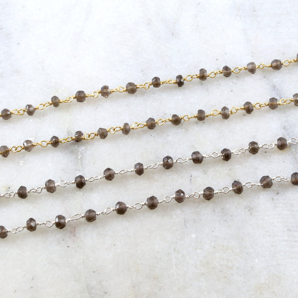 Sterling Silver or Vermeil Dainty Smokey Quartz Rosary – Sold by the Foot