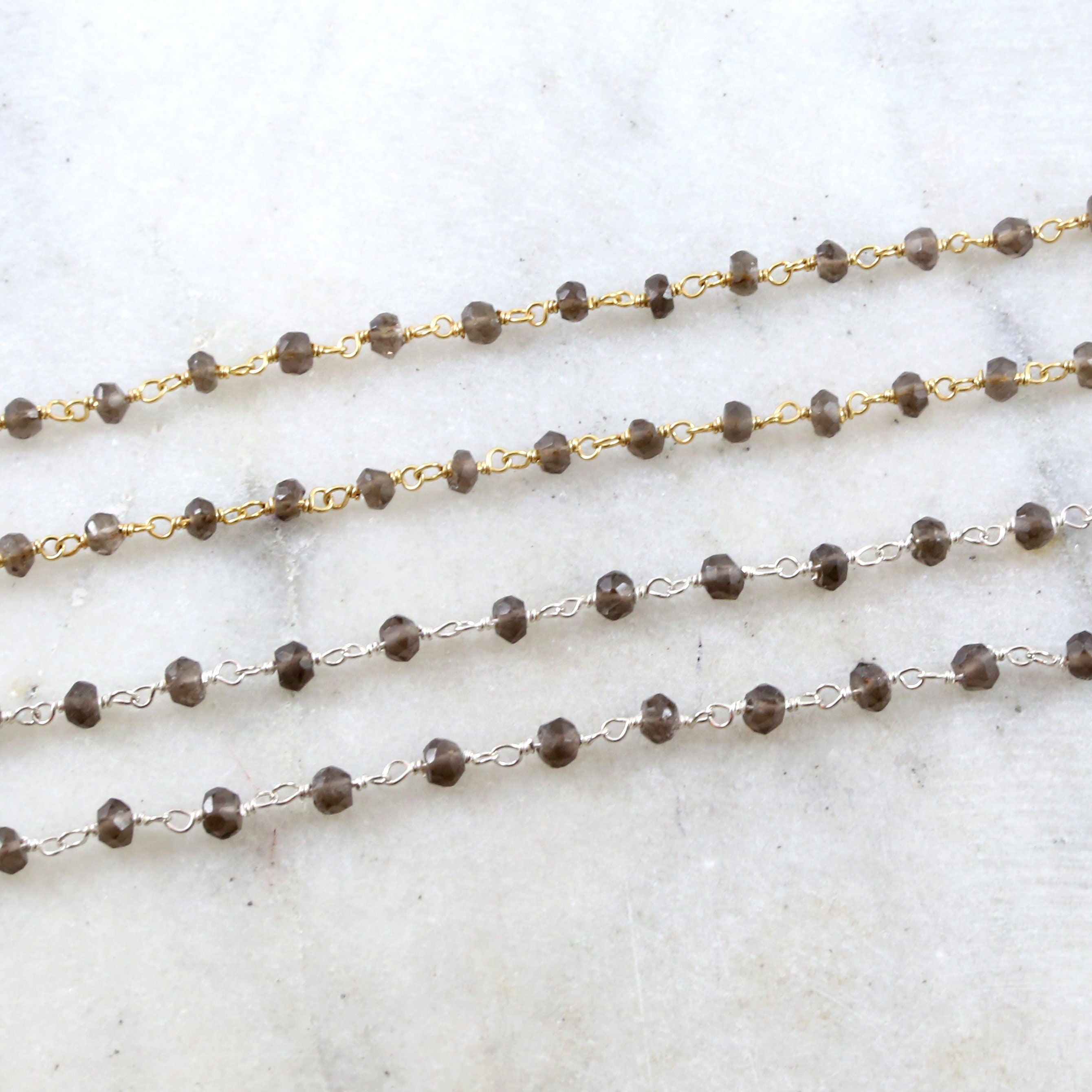 Sterling Silver or Vermeil Dainty Smokey Quartz Rosary – Sold by the Foot