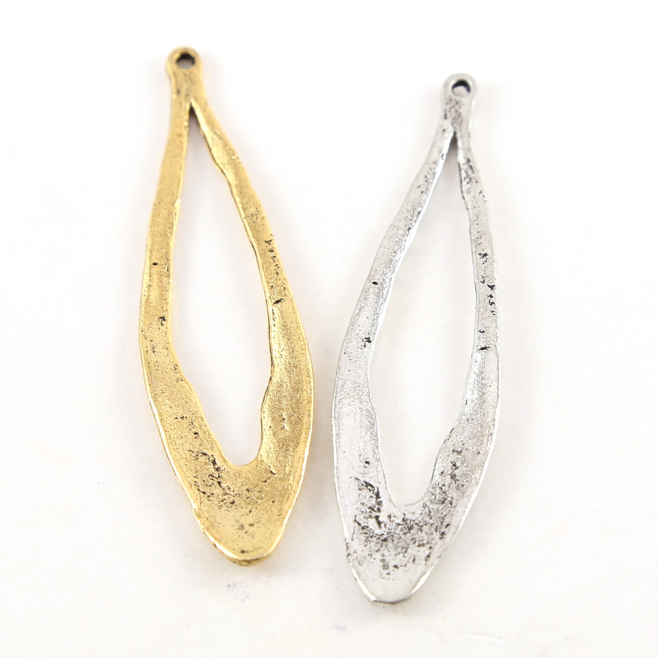 Pewter Metal Textured Open Long Teardrop Pendant Antique Gold