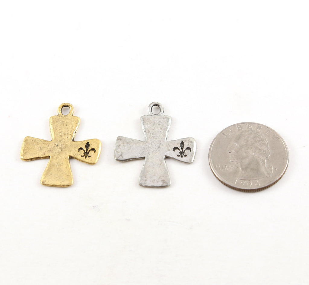 25mmx30mm Pewter Fleur De Lis Stamped Edge Cross Pendant Religious