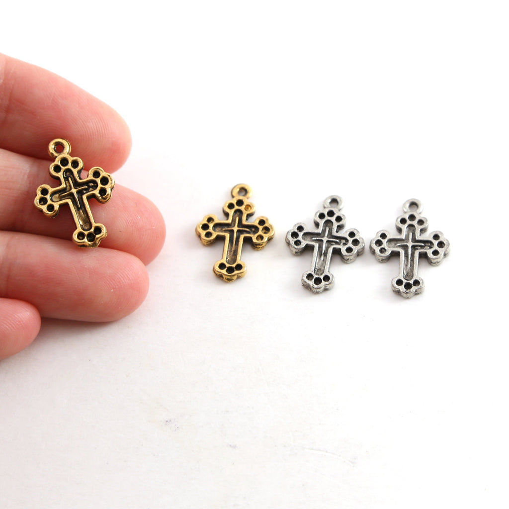 19mmx13mm Pewter Dotted Edges Cross Pendant Religious Spiritual Catholic (2pc)