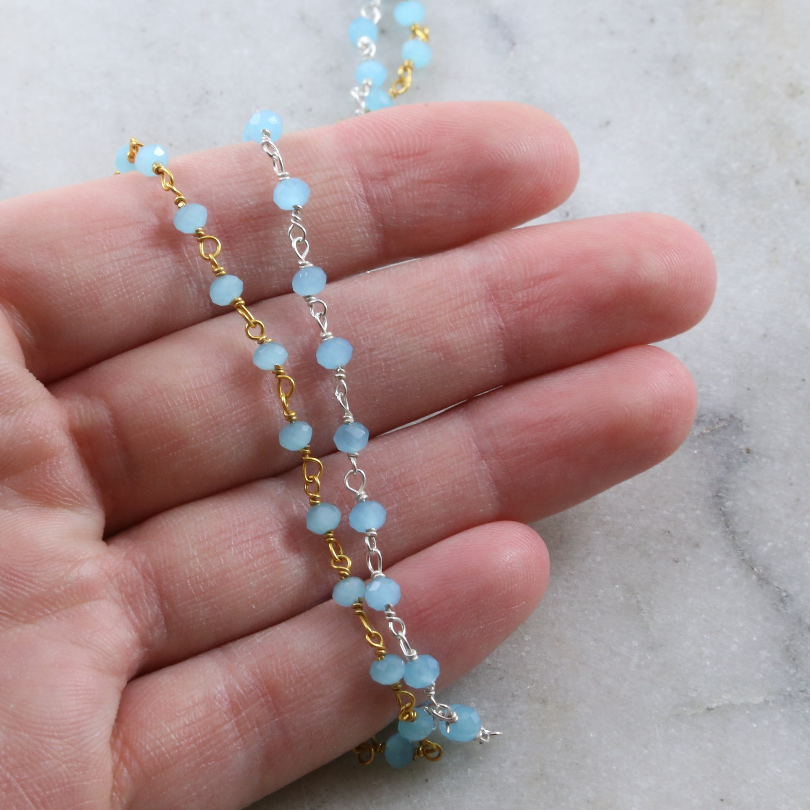 Sterling Silver or Vermeil Dainty Blue Chalcedony Gemstone – Sold by the Foot