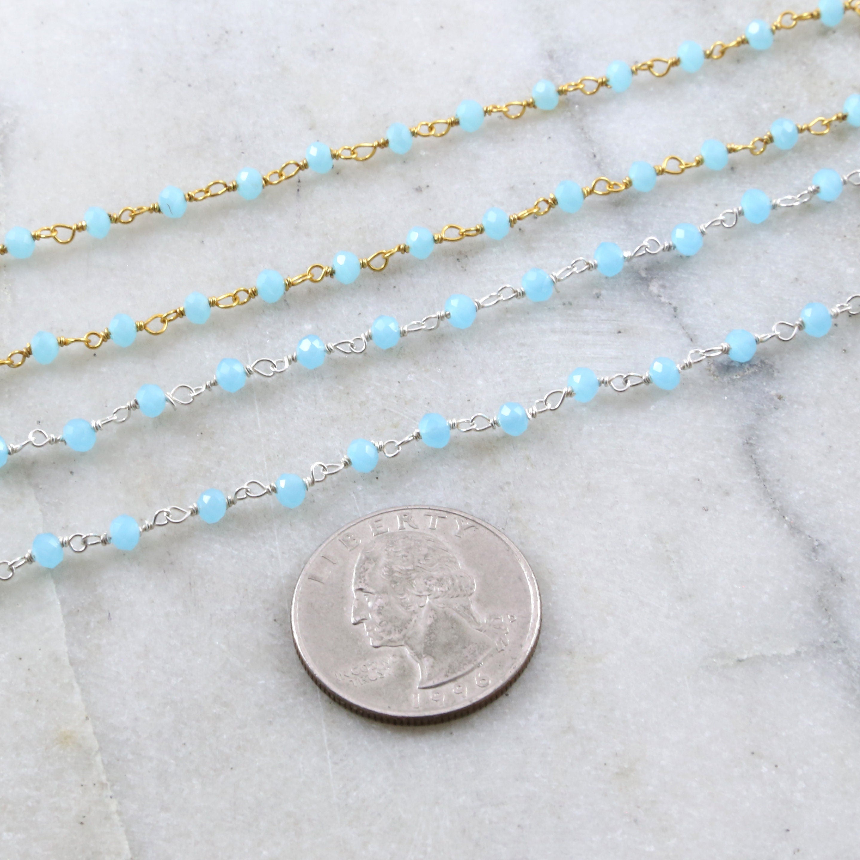 Sterling Silver or Vermeil Dainty Blue Chalcedony Gemstone – Sold by the Foot