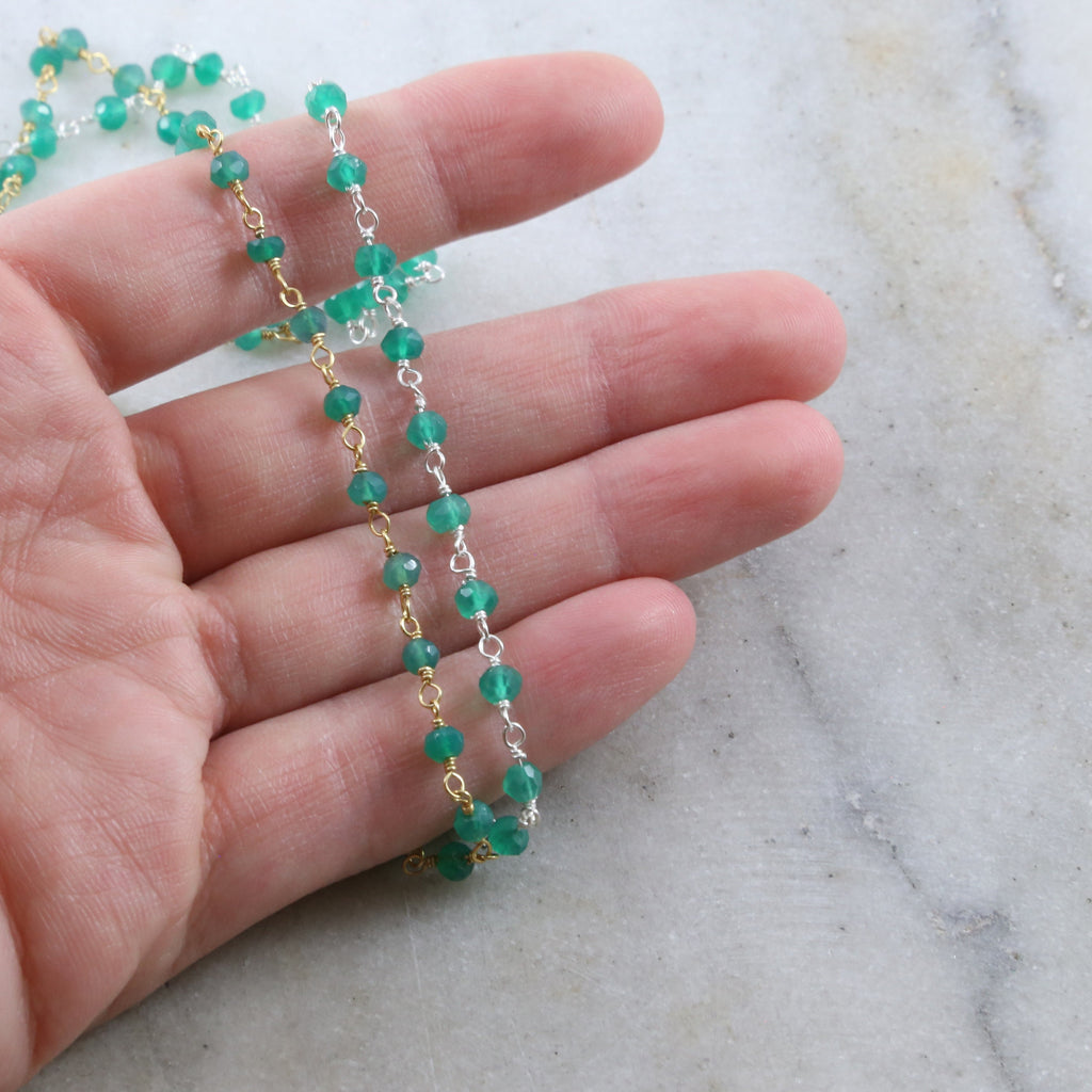 Sterling Silver or Vermeil Dainty Green Onyx Gemstone – Sold by the Foot