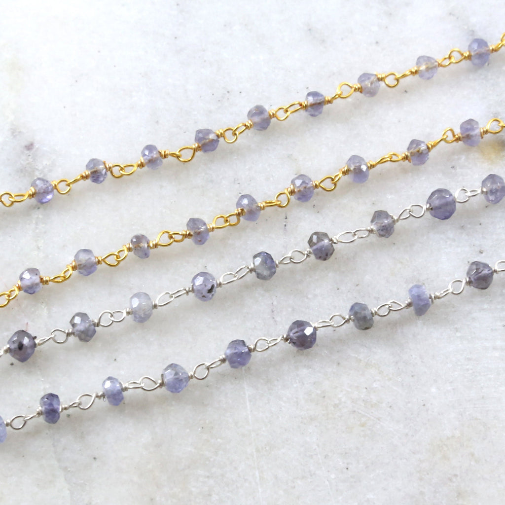 Sterling Silver or Vermeil Dainty Iolite Gemstone Rosary – Sold by the Foot