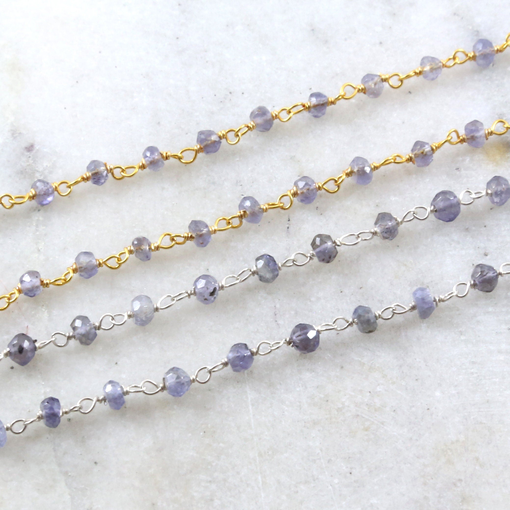 Sterling Silver or Vermeil Dainty Iolite Gemstone Rosary – Sold by the Foot