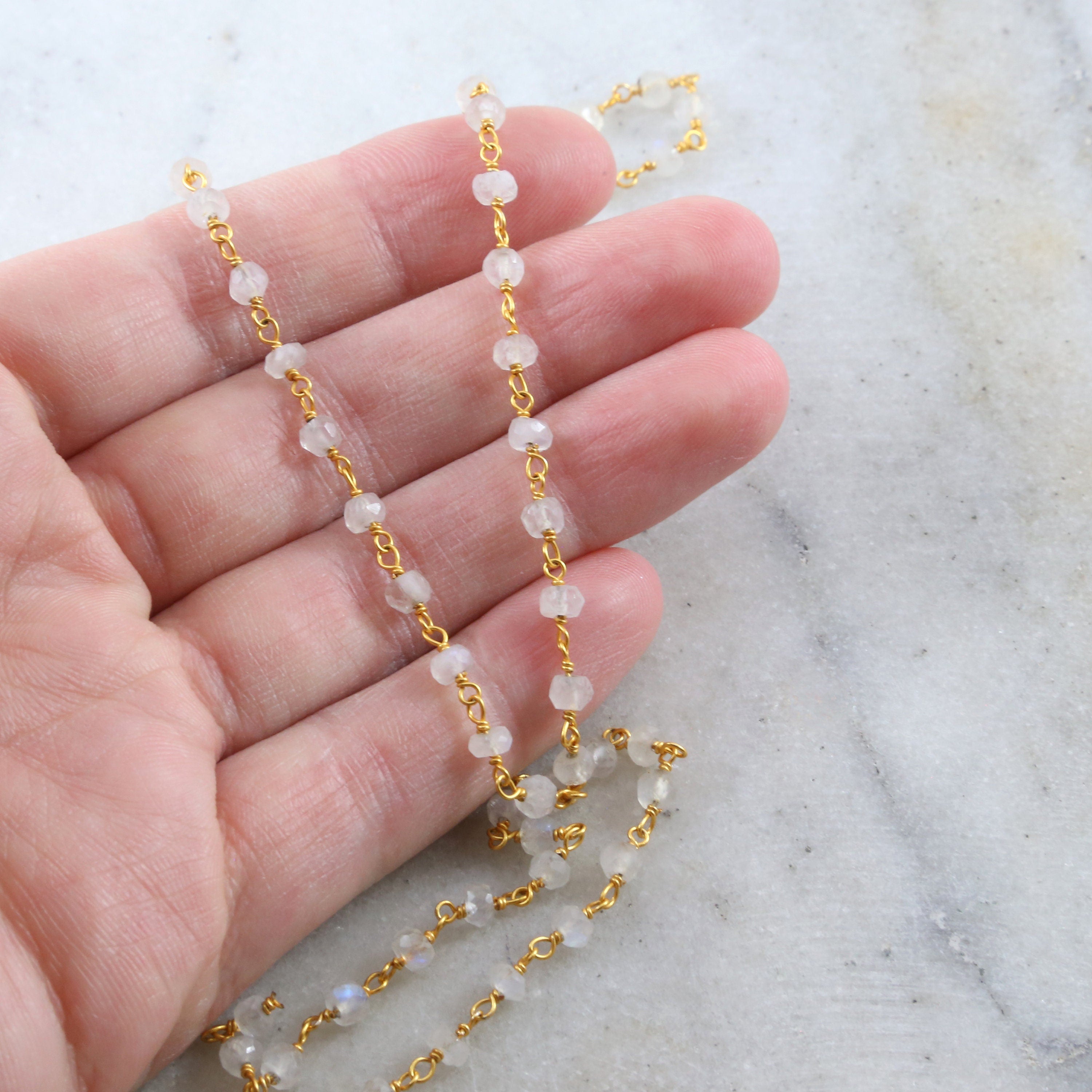 Vermeil Dainty Rainbow Moonstone Rosary Beaded Wire Wrapped – Sold by the Foot