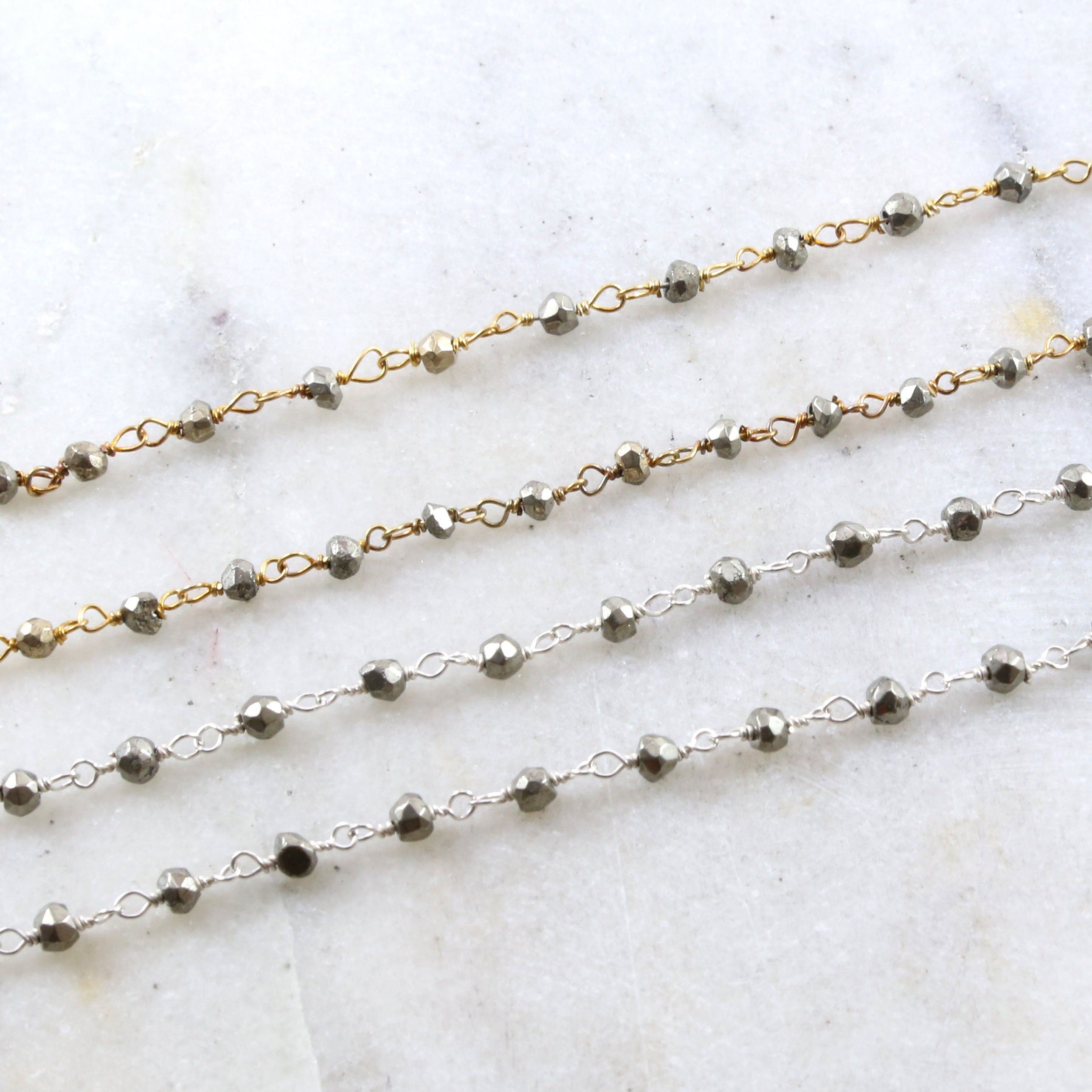 Sterling Silver or Vermeil Dainty Pyrite Rosary Beaded – Sold by the Foot
