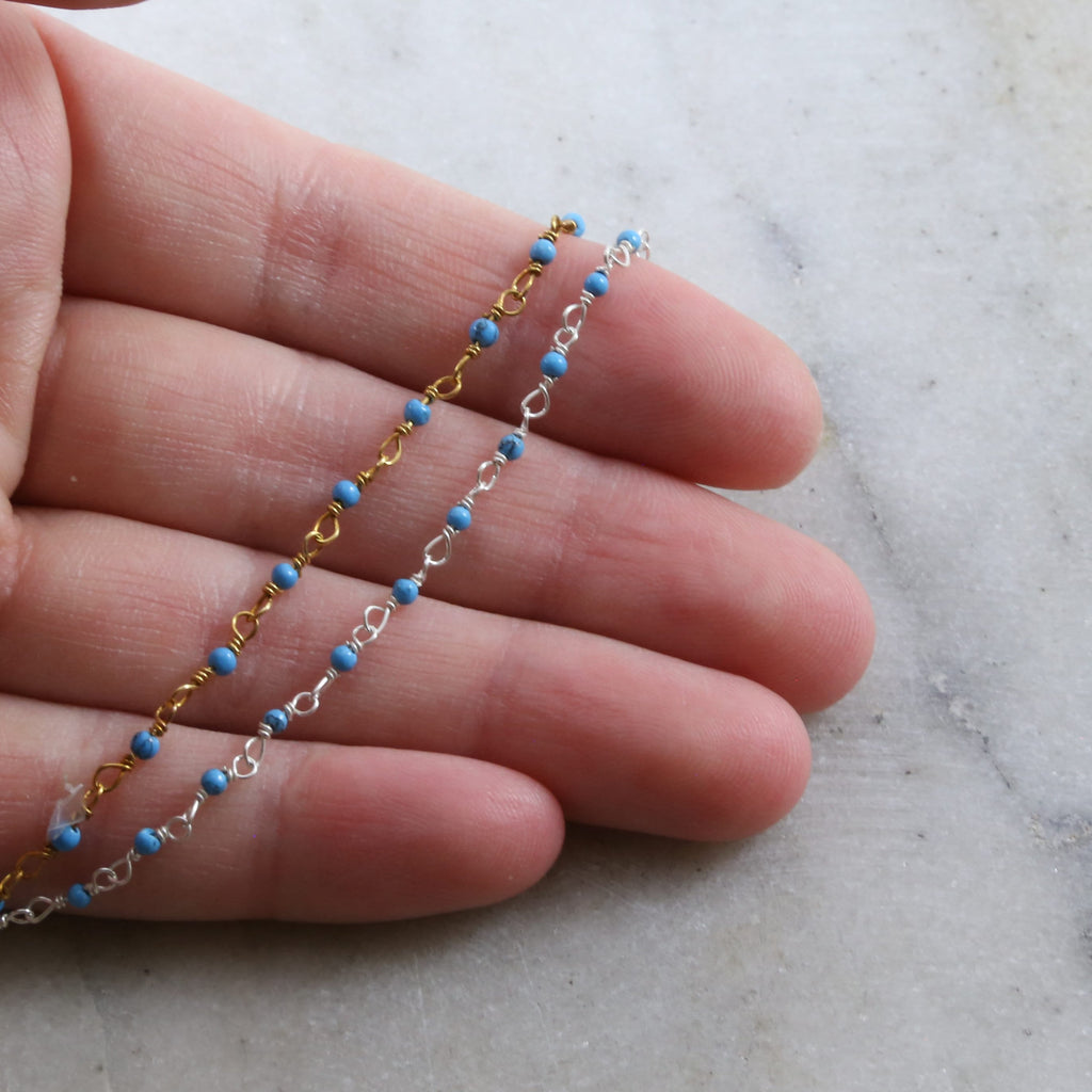 Sterling Silver or Vermeil Tiny Turquoise Rosary Beaded – Sold by the Foot