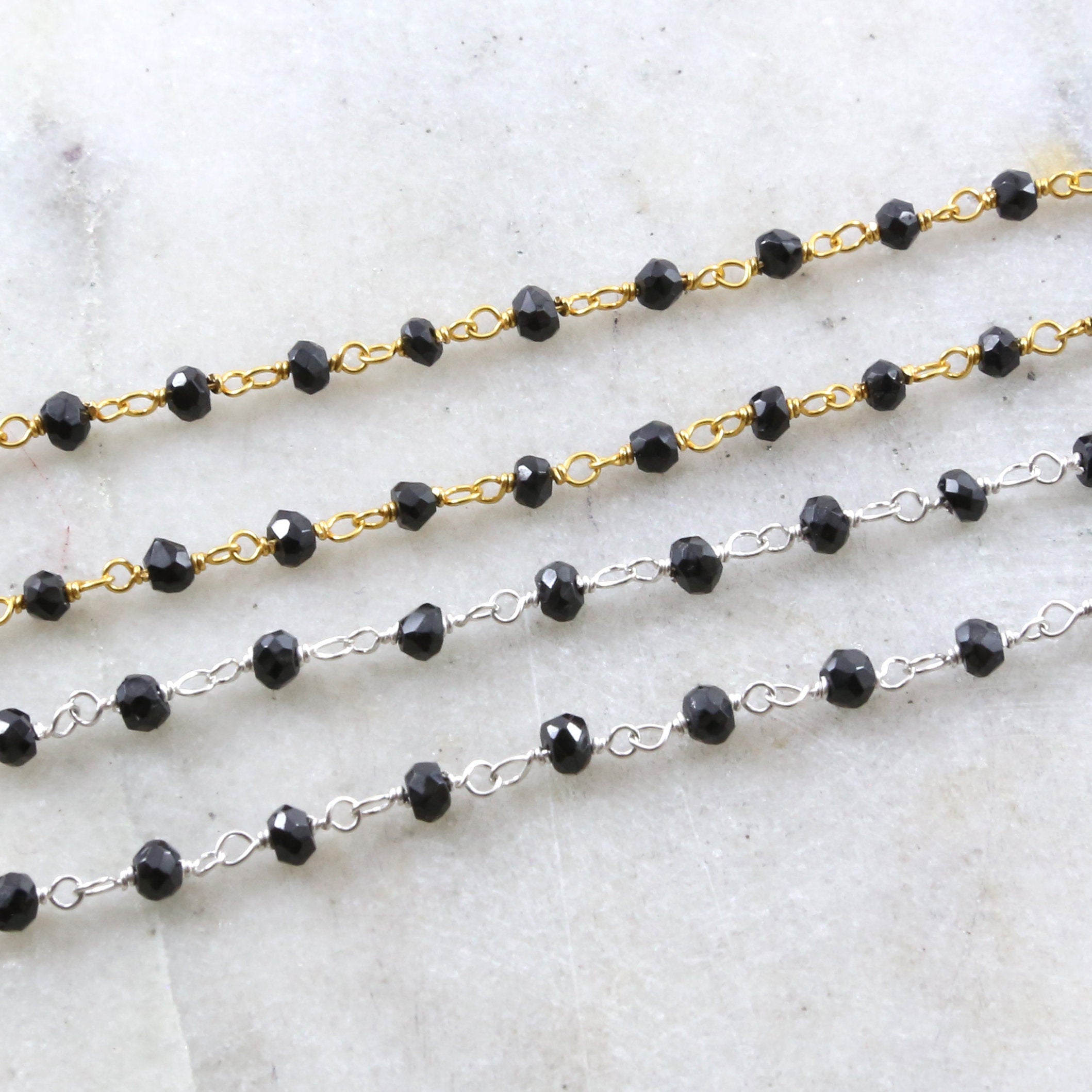 Sterling Silver or Vermeil Dainty Black Spinel Rosary – Sold by the Foot