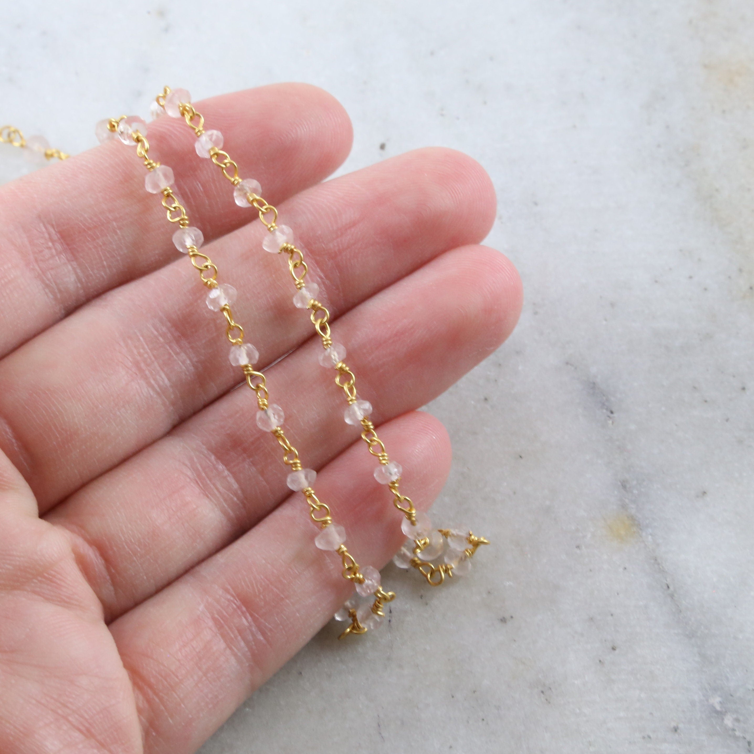 Vermeil Dainty Rose Quartz Rosary Beaded Wire Wrapped Chain – Sold by the Foot