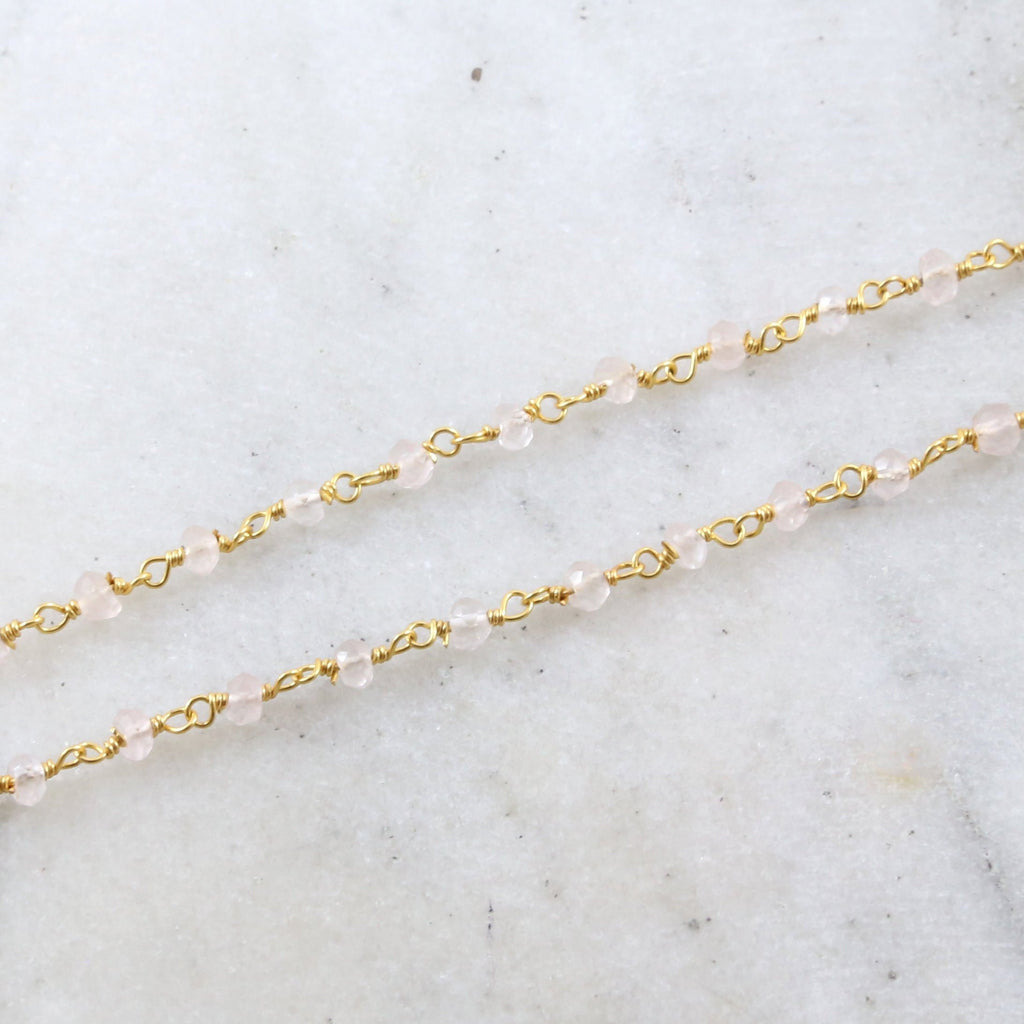 Vermeil Dainty Rose Quartz Rosary Beaded Wire Wrapped Chain – Sold by the Foot