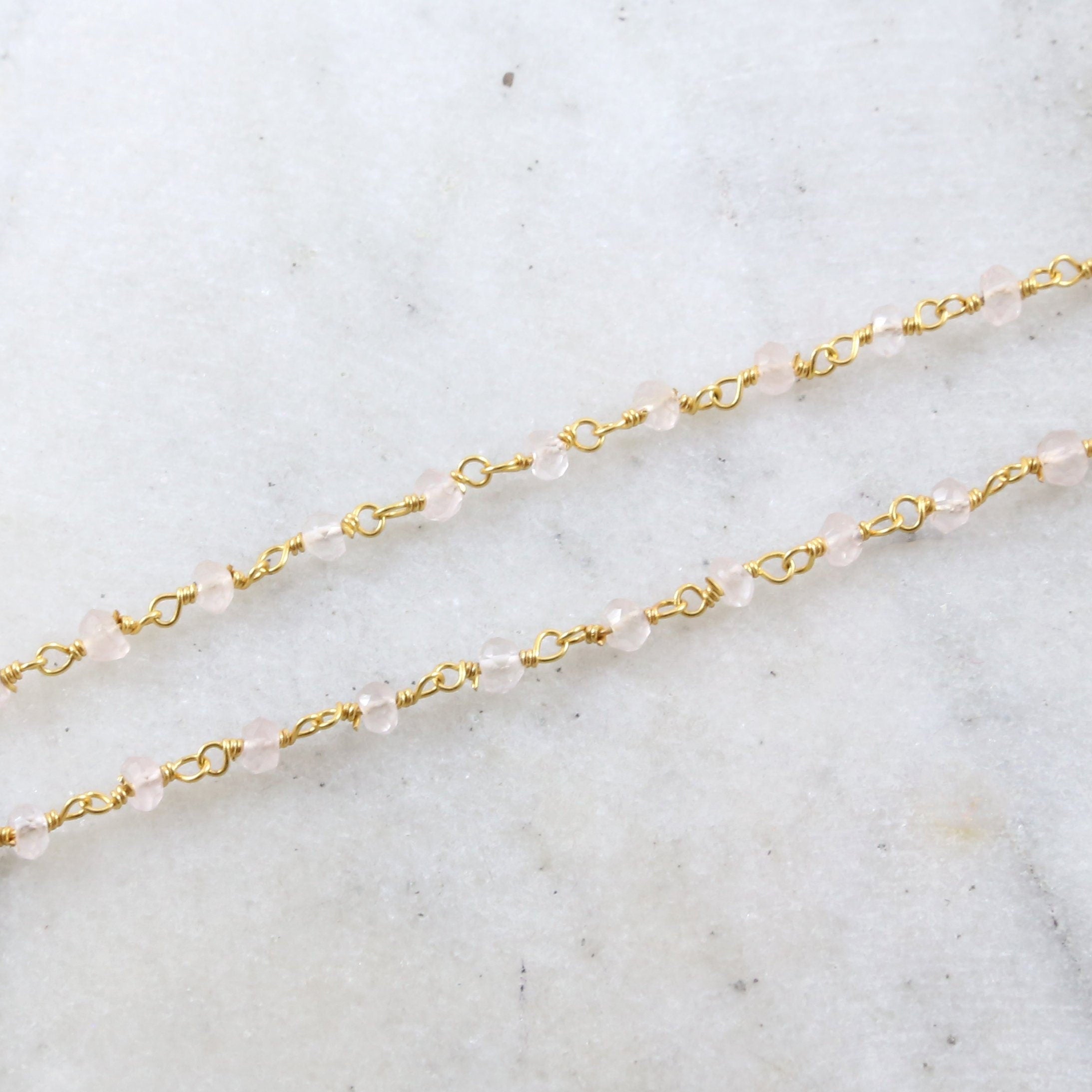 Vermeil Dainty Rose Quartz Rosary Beaded Wire Wrapped Chain – Sold by the Foot