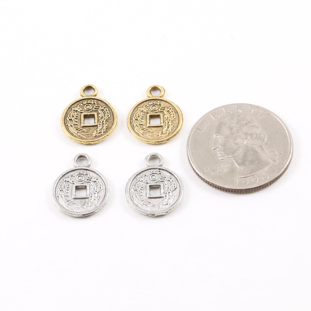 12mmx13mm Pewter Small Chinese Dragon Phoenix Coin Medallion Charm (2pc)