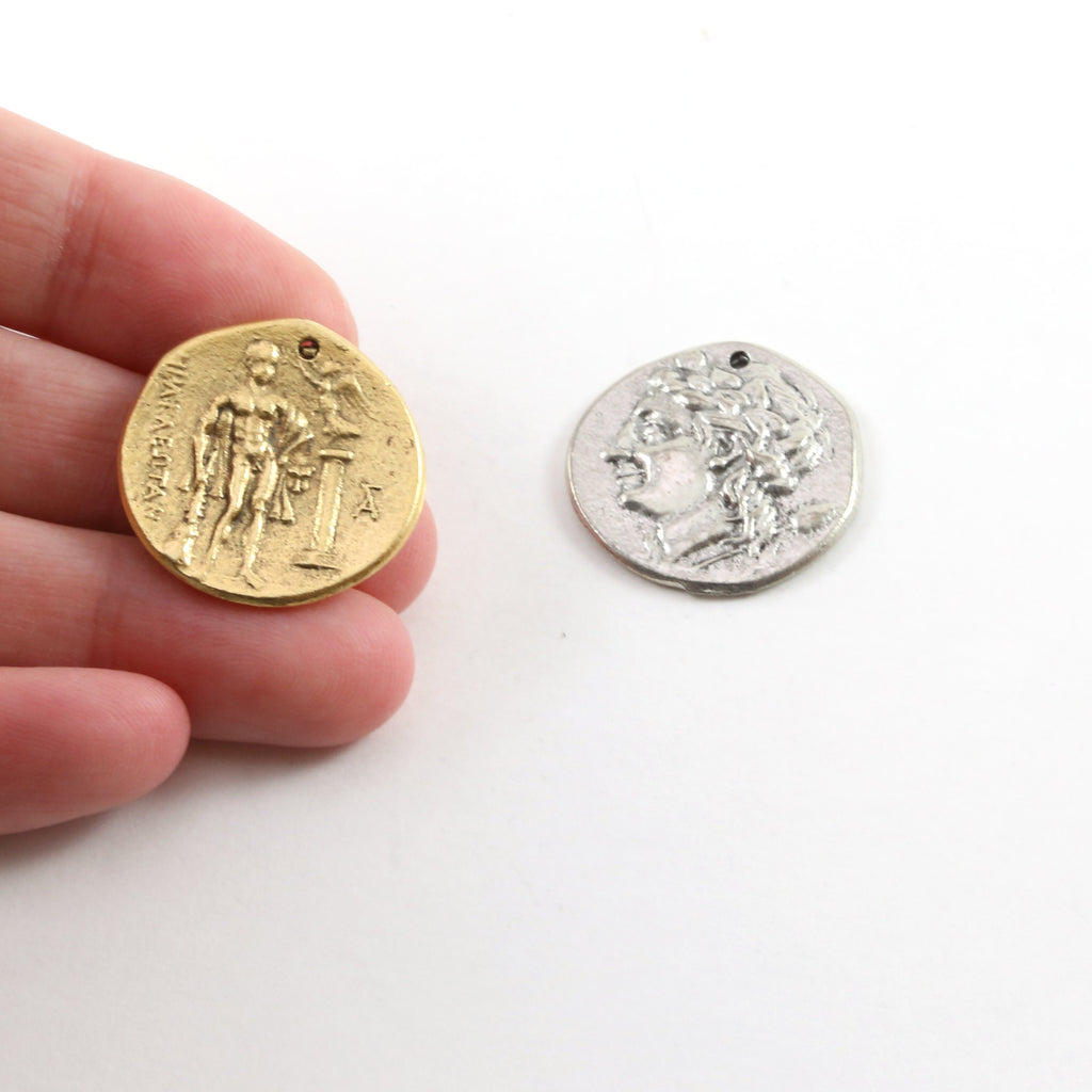 22mmx22mm Pewter Ancient Greek Coin Symbol Double Sided Sculpture