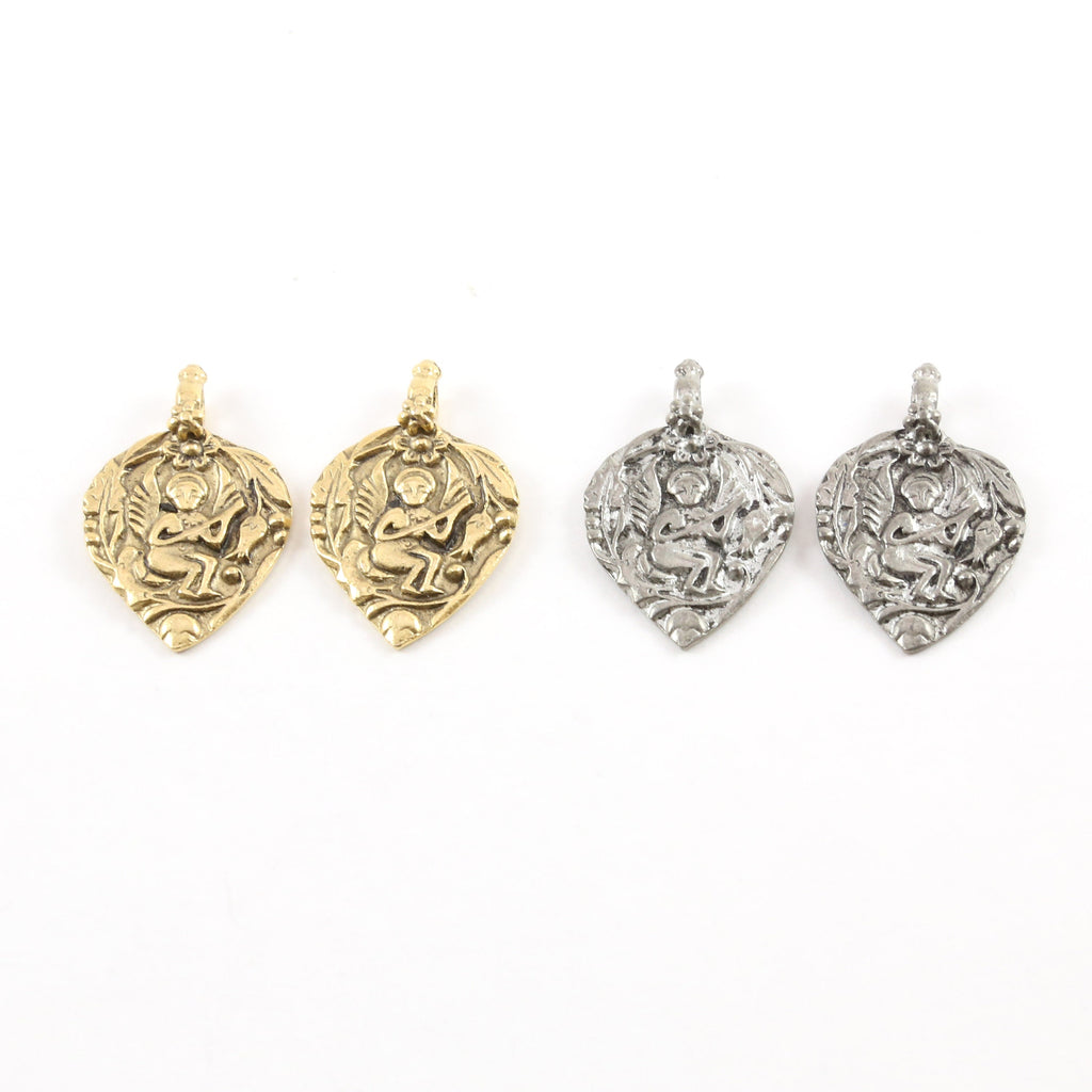 Pewter Ancient Greek Angel Muse with Instrument Symbol Amulet (2pc)