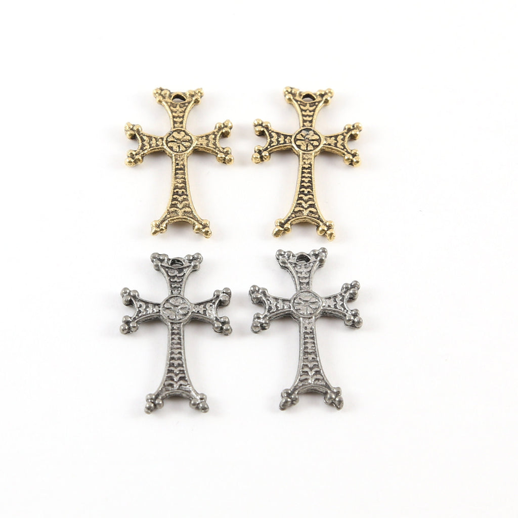 25mmx15mm Pewter Dotted Edges Cross Charm with Flower Daisy Center (2pc)