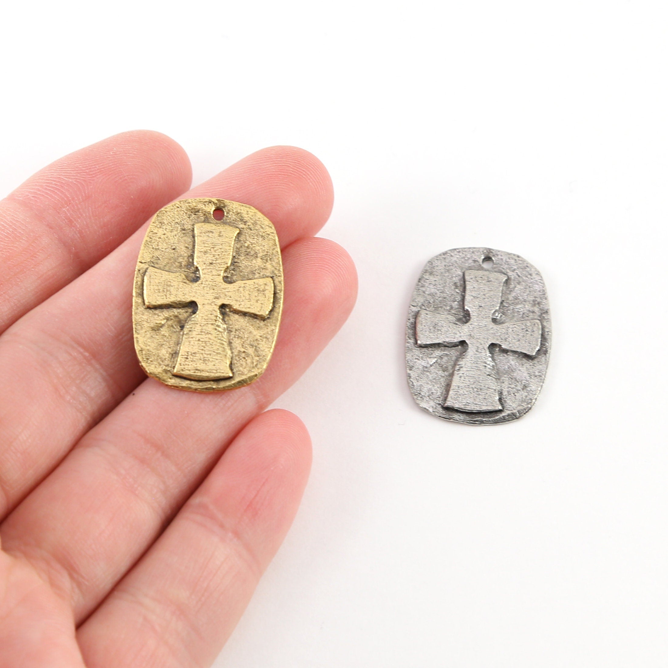 25mmx19mm Pewter Raised Cross Charm Pendant Dog Tag Religious Spiritual