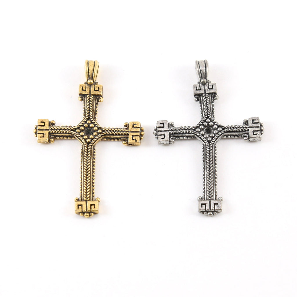 Pewter Ornate Lined Cross Charm Pendant Religious Spiritual