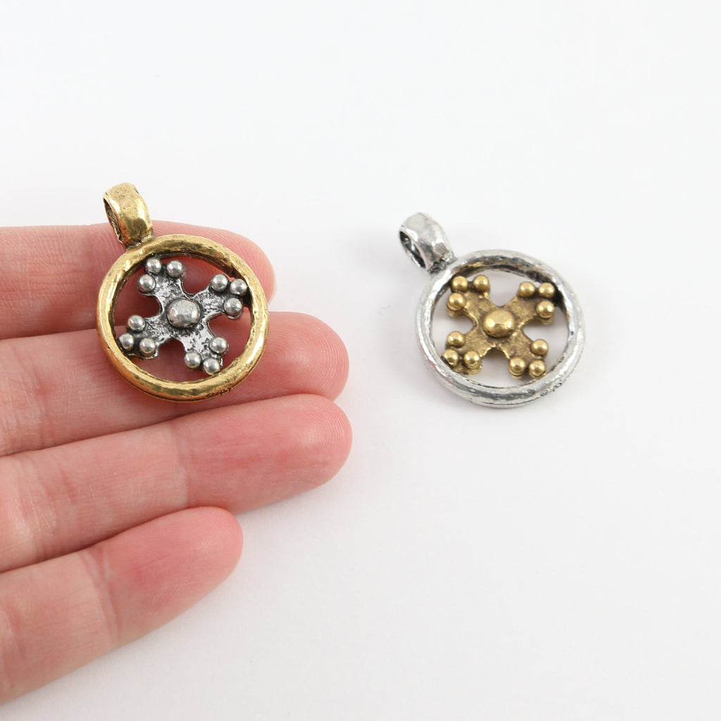 Pewter Silver and Gold Medieval Cross Coin Ring Charm Pendant