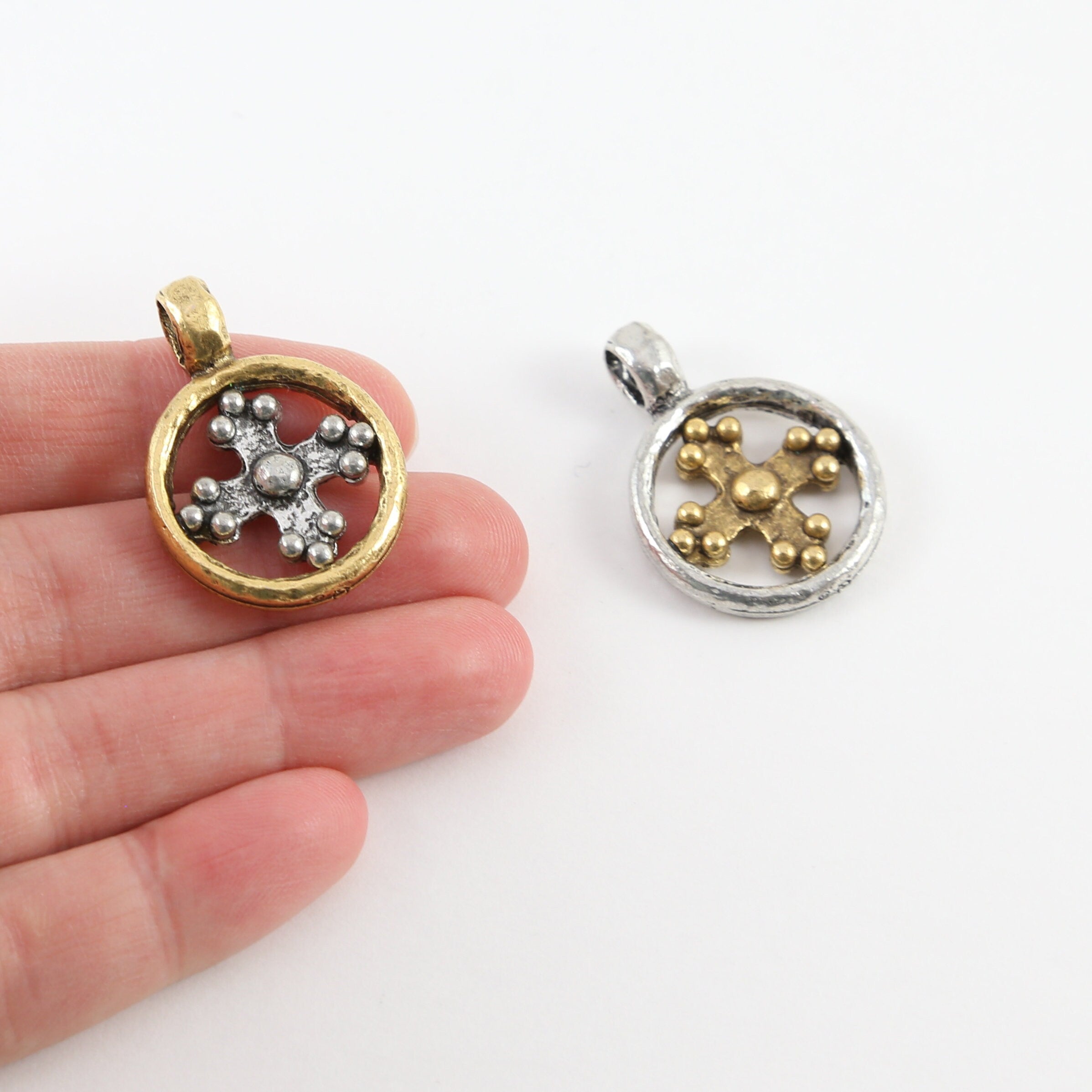 Pewter Silver and Gold Medieval Cross Coin Ring Charm Pendant