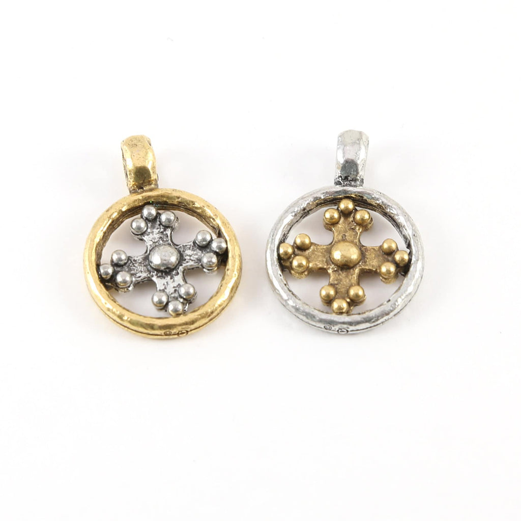 Pewter Silver and Gold Medieval Cross Coin Ring Charm Pendant
