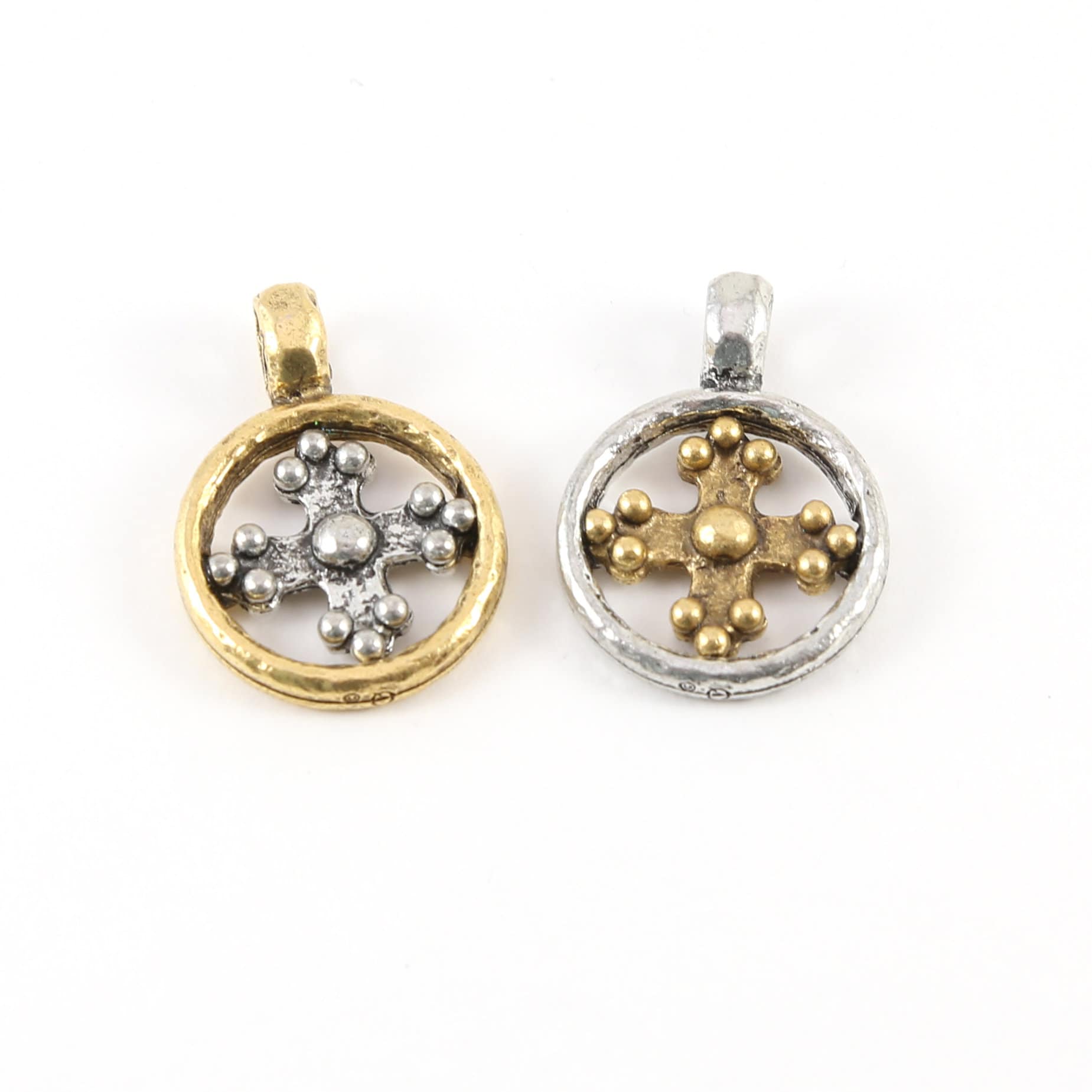 Pewter Silver and Gold Medieval Cross Coin Ring Charm Pendant
