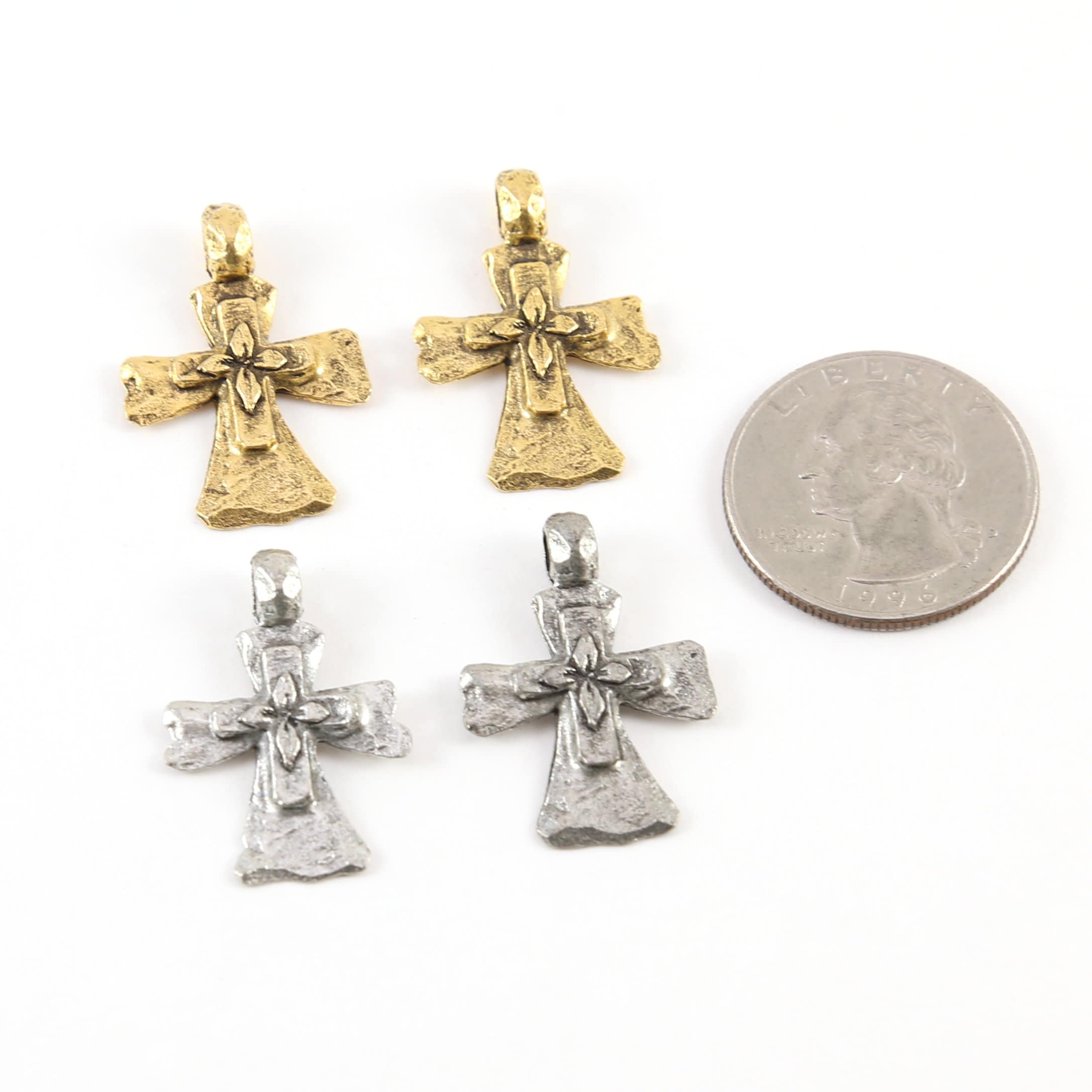 Pewter Layered Raised Cross Charm Hammered Textured Detailing (2pc)