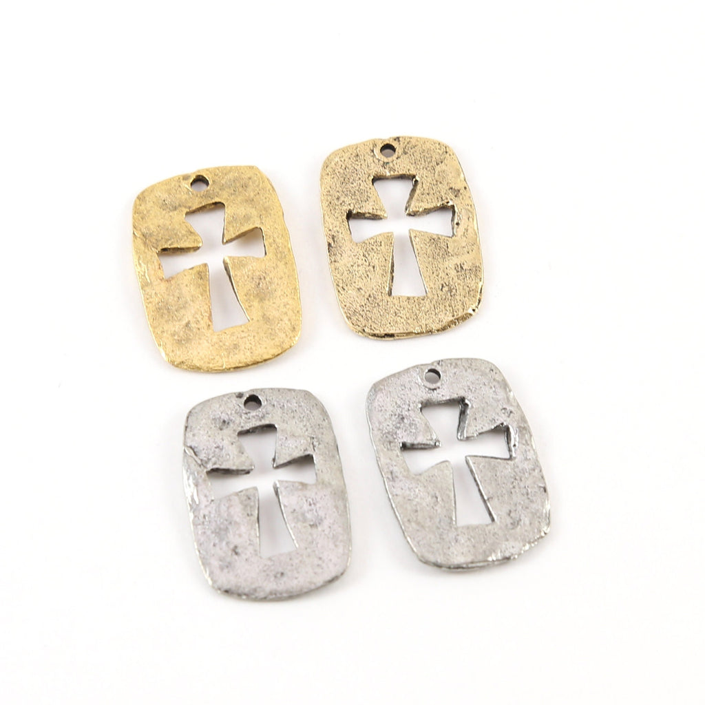 22mmx15mm Pewter Cross Cut Out Charm Dog Tag Charm Hammered Textured (2pc)