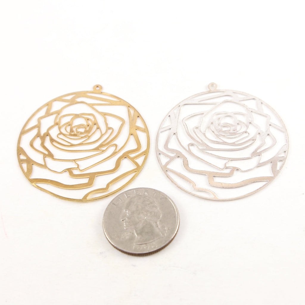 Brass Large Rose Silhouette Die Cut Thin Lightweight Charm