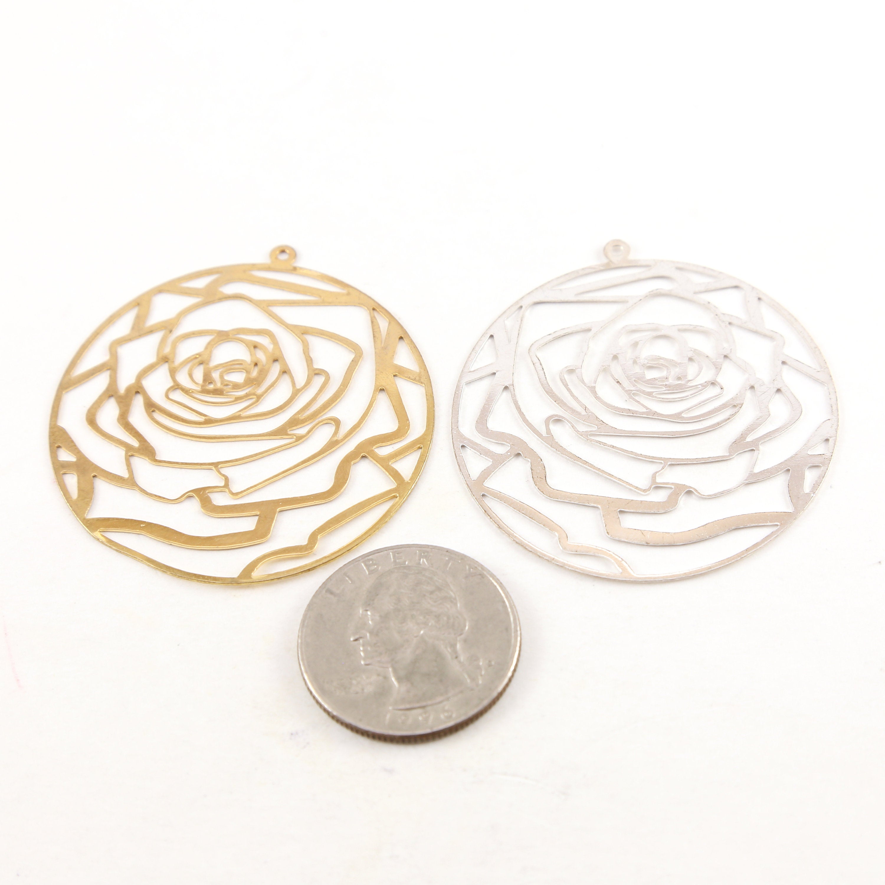 Brass Large Rose Silhouette Die Cut Thin Lightweight Charm