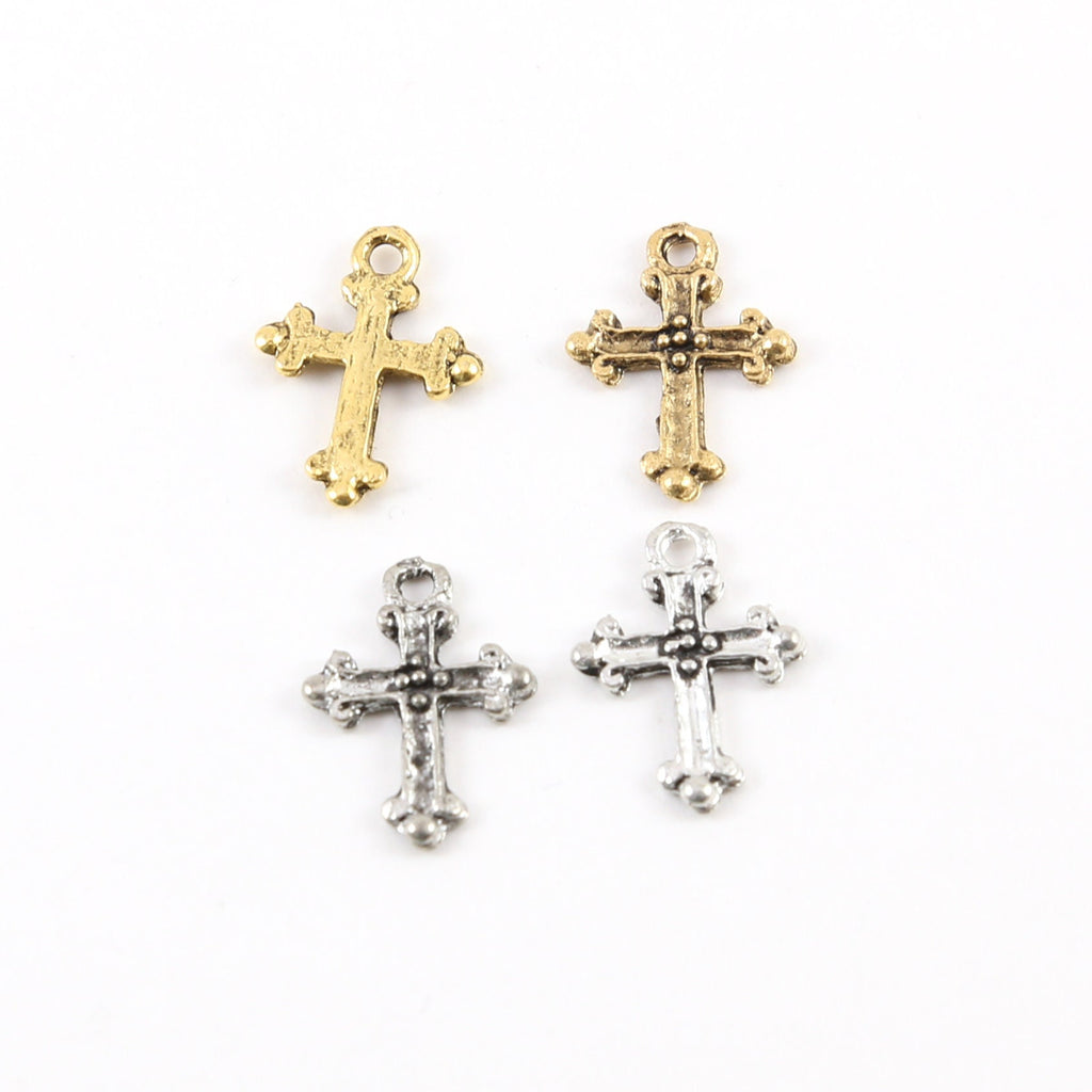 Pewter Mini Tiny Small Fleur De Lis Cross Charm Pendant (2pc)