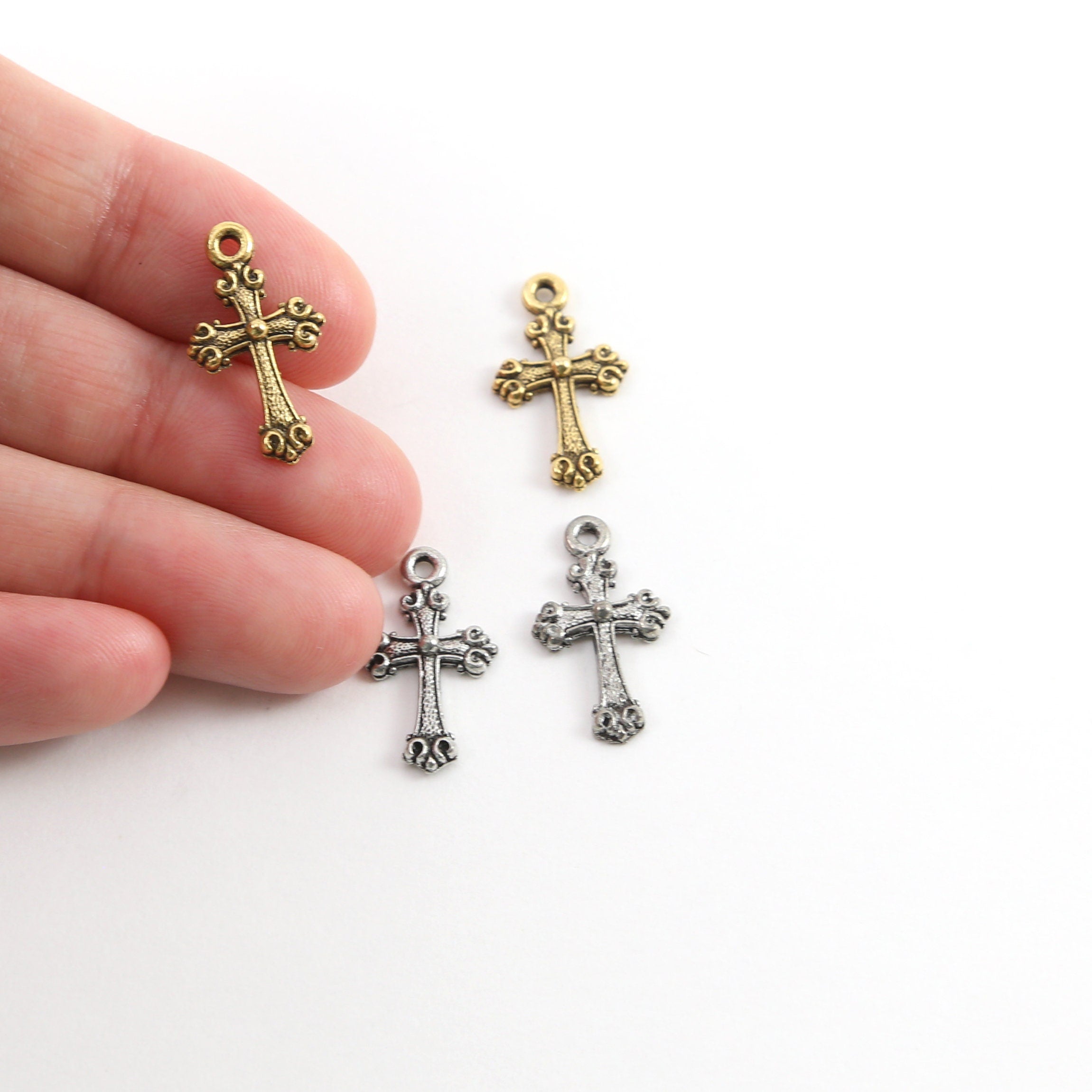 20mmx10mm Pewter Mini Cross Charm with Ball in Center Pendant Religious (2pc)
